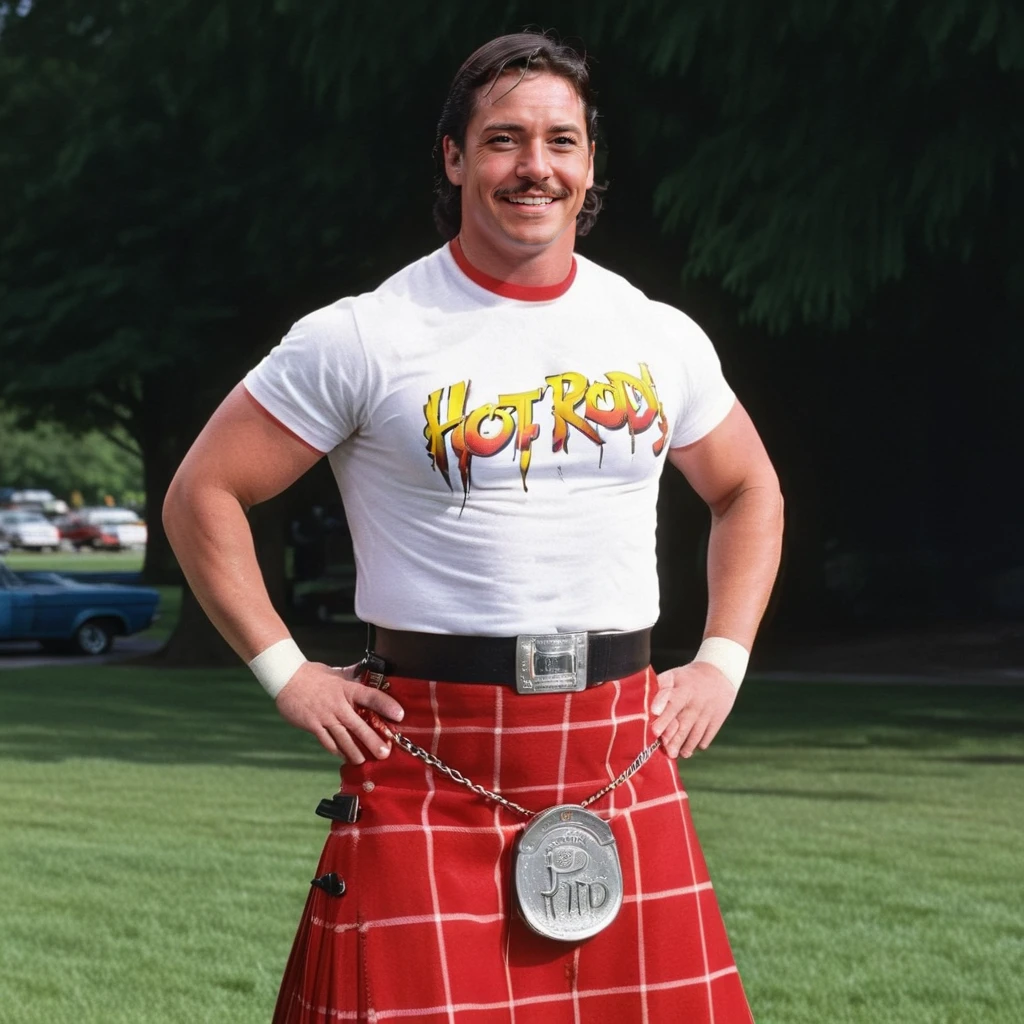 portrait, 1boy, adult, standing, smile, park, short shaved black hair, mustache, huge muscles, wearing HUD_Rwdy_Pipr, shirt "Hot Rod" text, belt, kilt, belt pouch, wristband, kneepads, boots, <lora:Rowdy_Roddy_Piper:0.7>