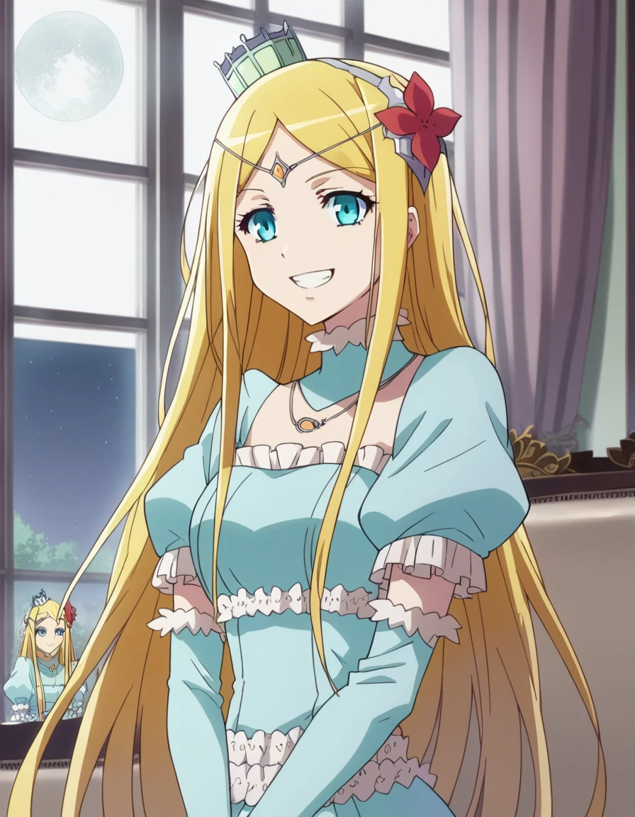 score_9, score_8_up, score_7_up, source_anime,
rennertheierechardelonrylevaiself, <lora:renner-theiere-chardelon-ryle-vaiself-ponyxl-lora-nochekaiser:1>,
renner theiere chardelon ryle vaiself, long hair, blue eyes, blonde hair, hair ornament, very long hair, flower, hair flower, smile, evil smile, evil grin,
long sleeves, dress, jewelry, puffy sleeves, necklace, blue dress, crown, princess, frills,
indoors, night, night sky, moonlight, moon, curtains, window,
looking at viewer, cowboy shot, dutch angle,