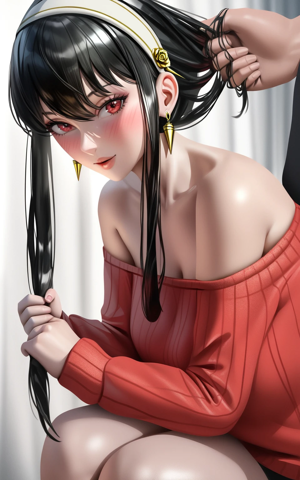 hort hair, black hair, breasts, lips, large breasts, lipstick, makeup, nose, bangs, red lips, bob cut, collarbone, Effie, multicolored hair, red eyes, piercings, two-tone hair