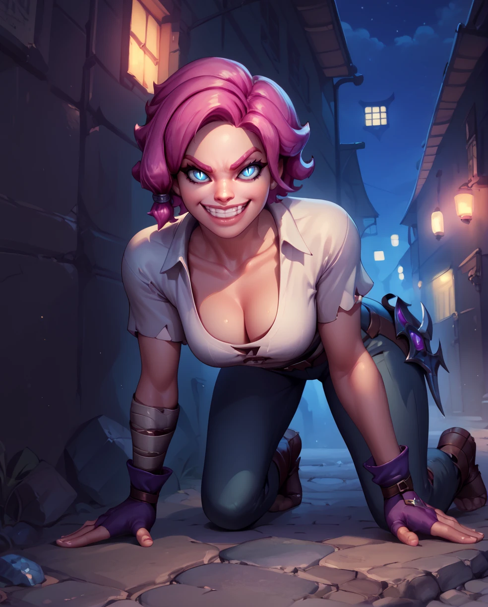 score_9,score_8_up,score_7_up,
maeve,short pink hair with a hair knot,blue slit pupils,
fingerless gloves,white shirt,short sleeves,pants,grin,
all fours,cleavage,
night,alley,in the shadows,fantasy,
<lora:maeve:0.8>,solo.,