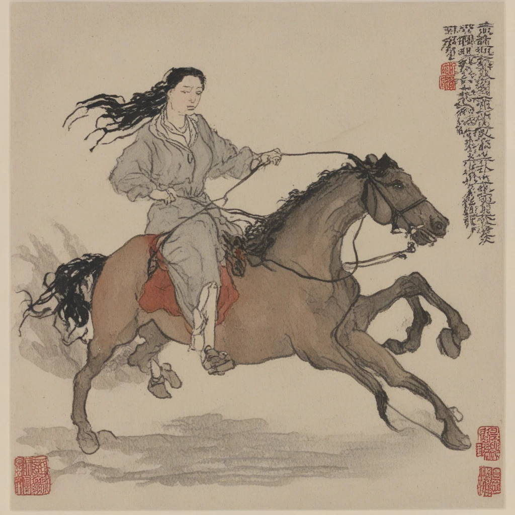 an woman riding a horse, in the style of styj