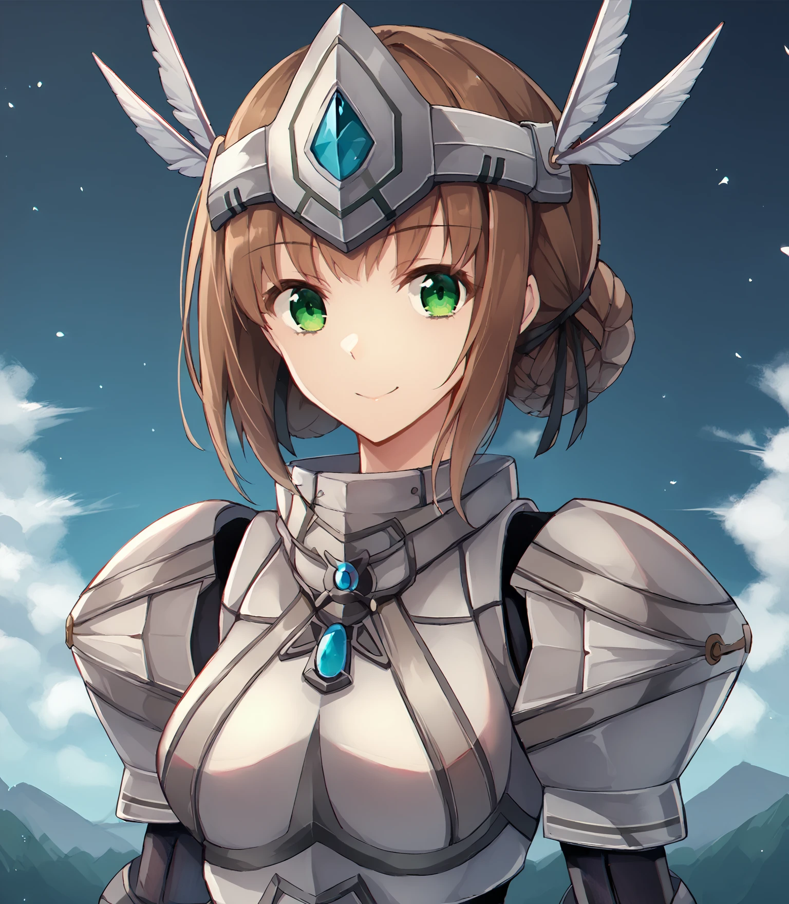 score_9, score_8_up, score_7_up, score_6_up, score_5_up, score_4_up, BREAK source_anime,
<lora:TrailsOfColdSteel-Guests:1>, duvaliearmor, green eyes, single hair bun, brown hair, medium breasts, armor, armored dress, winged visor, wing ornament, bodysuit, black bodysuit, pantyhose, armored boots, greaves, red skirt,
OUTDOORS, SKY, CLOUDS,
looking at viewer, smile, upper body, portrait, front view,