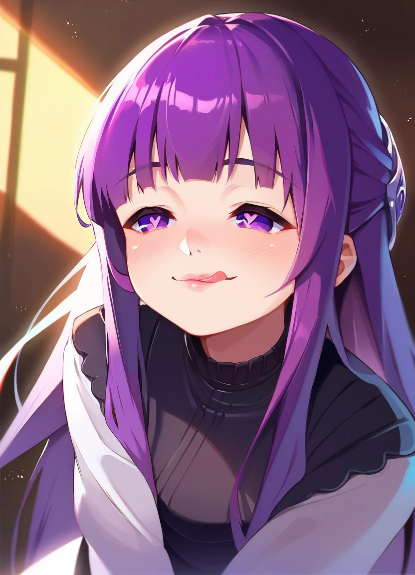 score_9, score_8_up, score_7_up,score_6_up,score_5_up,score_4_up, heart-shaped pupils, :P, hand between legs, licking lips, half-closed eyes, looking to the side,
<lora:musouduki_style_xl_v3:.8> <lora:CHAR-FernPonyXL:0.8> FernFrieren, purple eyes, purple hair, long hair, half updo, hair ornament