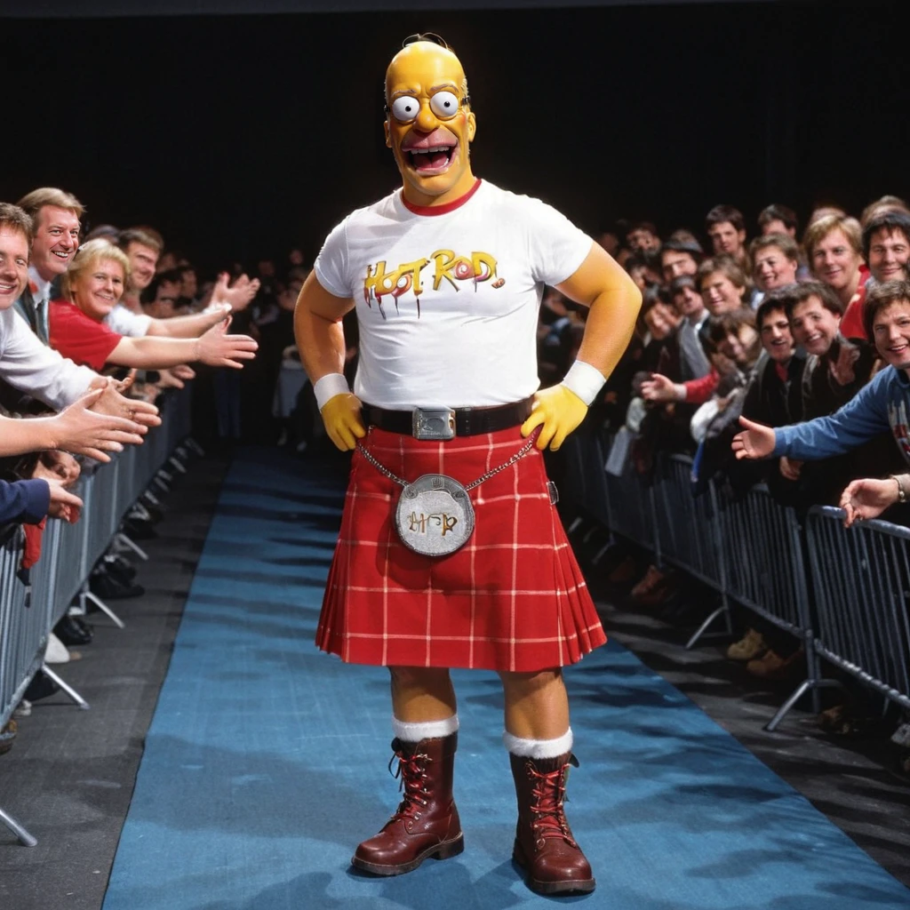 portrait, 1boy, adult, standing, smile, audience, Homer SImpson, wearing HUD_Rwdy_Pipr, white shirt "Hot Rod" text, belt, furry belt pouch, kilt, wristband, kneepads, boots, <lora:Rowdy_Roddy_Piper:0.6>, toon \(style\),
