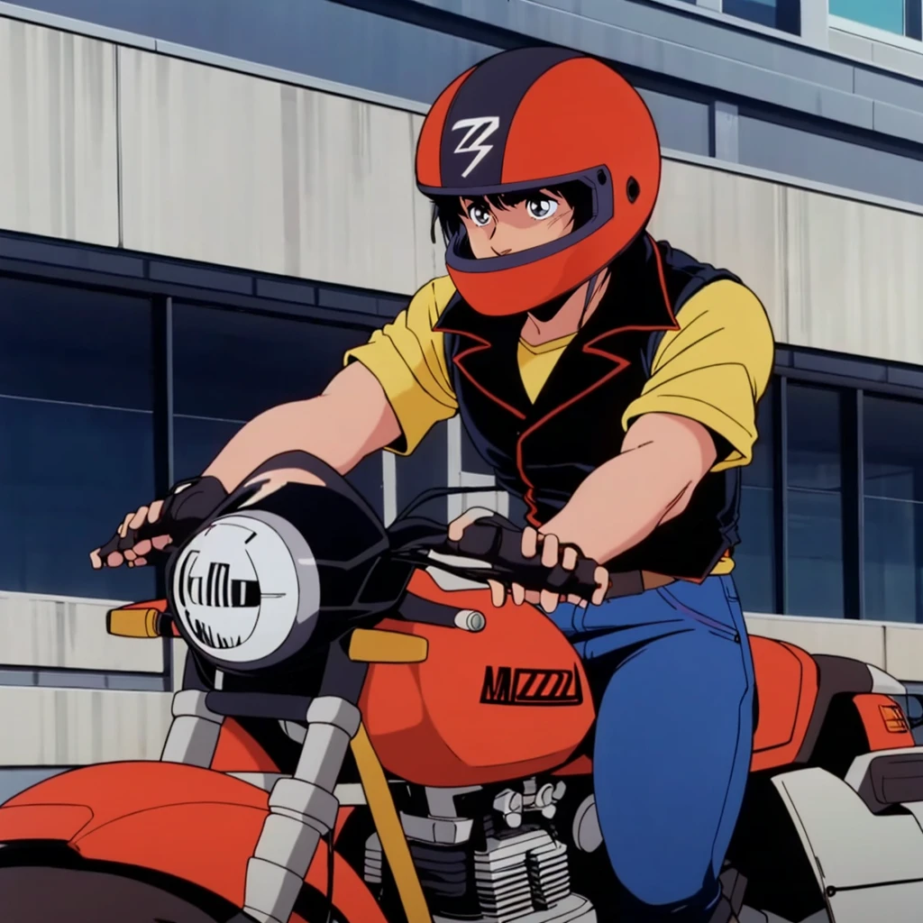 <lora:MZ1YahagiShogo002:0.7>,
solo,
MZ1YahagiShogo,1boy,retro artstyle,1980s (style),
(helmet:1.2),
short -sleeved shirt,black vest,
jeans,
GS650G,motorcycle,
riding,