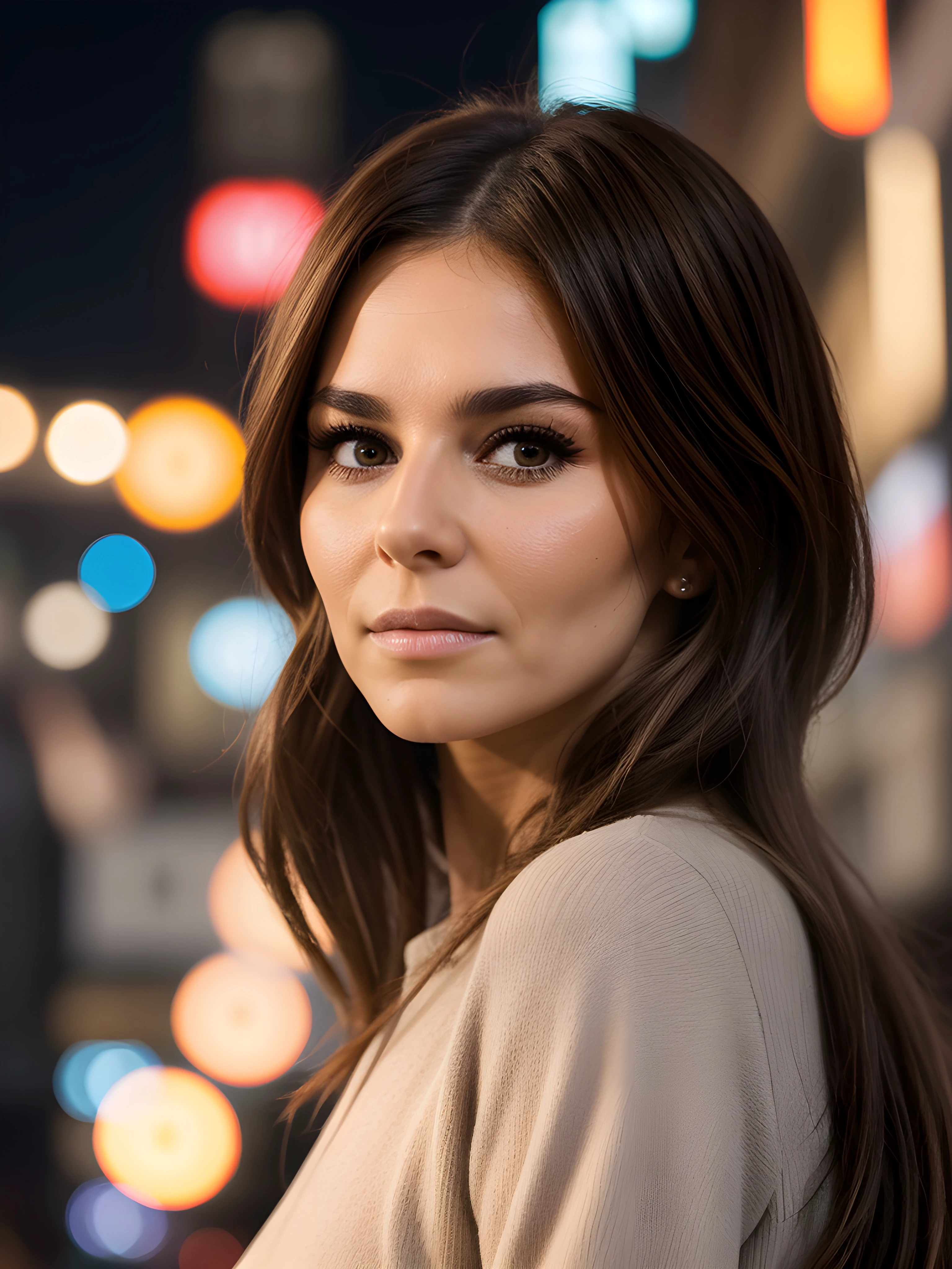 close-up portrait photo of Ch3rylC0l3_V1-Emb , brown hair, in the middle of a busy night time street, 8k uhd, high quality, dramatic, bokeh, dramatic lighting, camera f1.6 lens , hyper realistic , lifelike texture