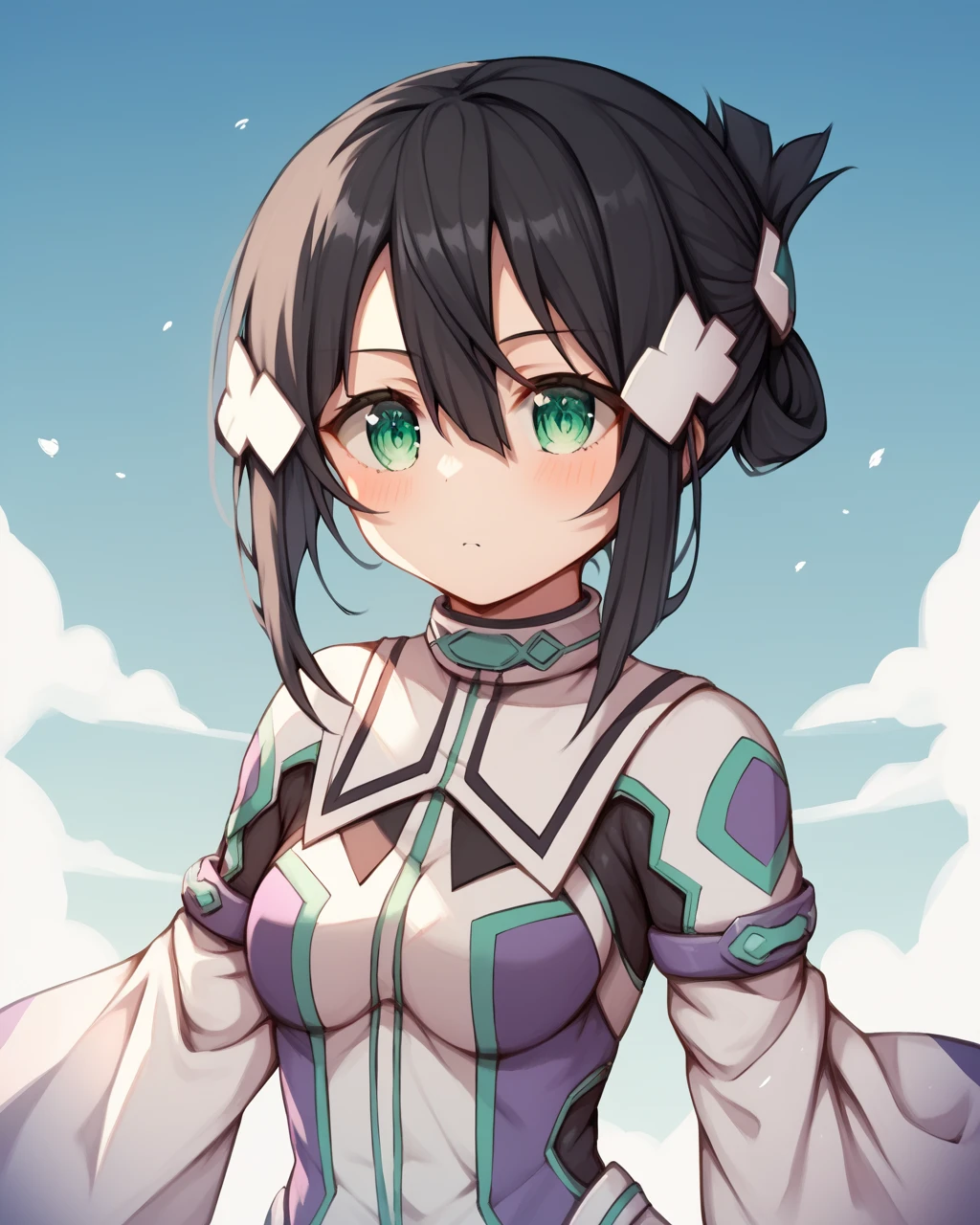 score_9, score_8_up, score_7_up, score_6_up, score_5_up, score_4_up, BREAK source_anime,
<lora:Washio_Sumi_PONY:1>,1girl,solo,black hair,green eyes,short hair, folded ponytail,between eyes, (side hair ornament),bodysuit,magical girl,wide sleeves,white dress,green stripes,armor,purple gloves,,