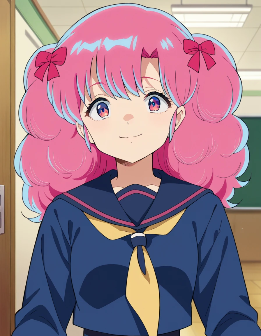 score_9, score_8_up, score_7_up, source_anime,
uruseiyatsuraran, <lora:urusei-ran-ponyxl-lora-nochekaiser:1>,
ran, long hair, bangs, pink hair, bow, hair bow, red bow, pink eyes, smile,
shirt, long sleeves, school uniform, serafuku, sailor collar, neckerchief, yellow neckerchief, shirt, blue shirt, blue sailor collar, blue skirt,
indoors, classroom, hallway,
looking at viewer, cowboy shot, dutch angle,