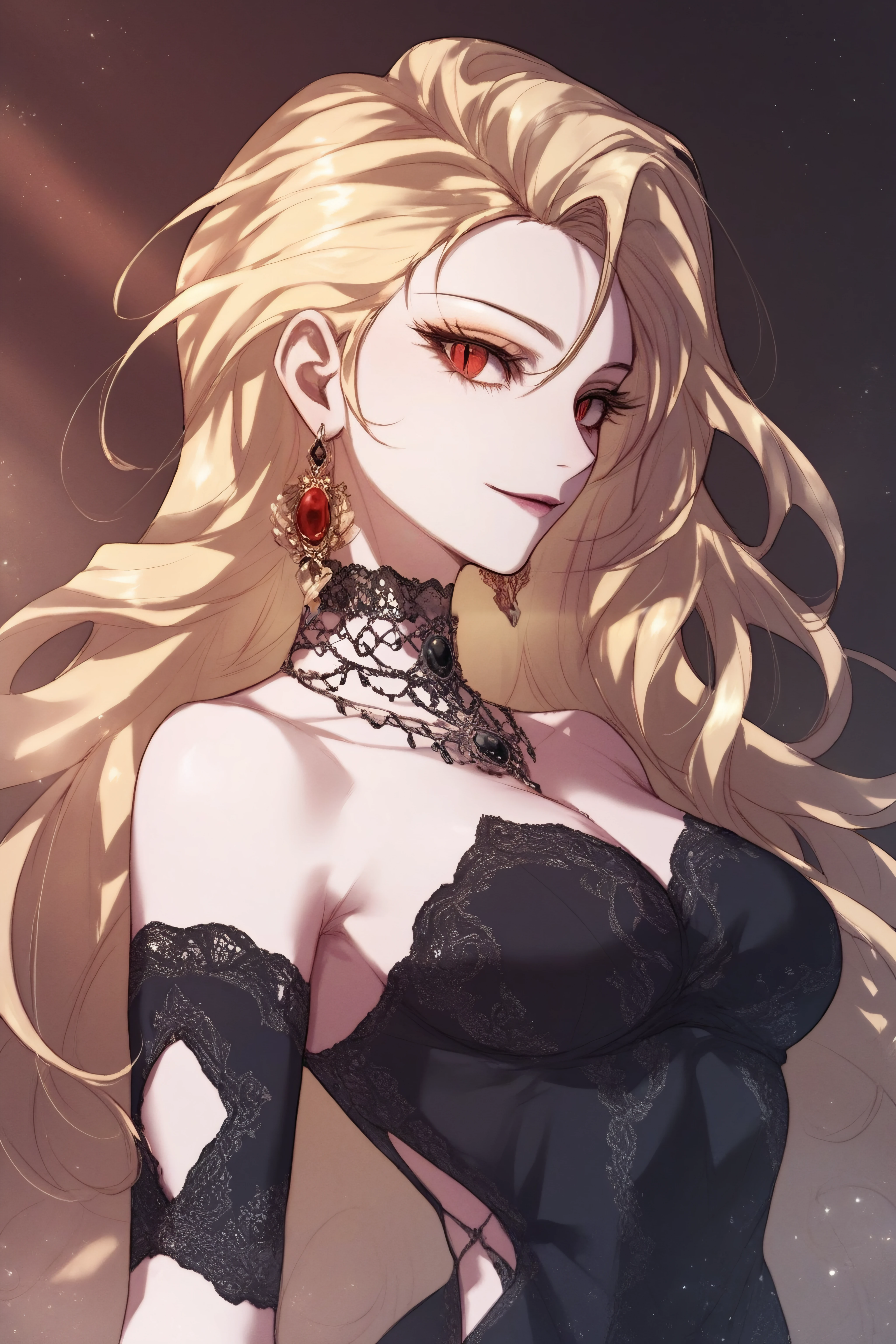 score_9, score_8_up, score_7_up, score_6_up, score_5_up, score_4_up, <lora:Roxana Agrece:0.8> roxana agree, red eyes, slit pupils, blonde hair, long hair, bare shoulders, jewelry, earrings, black dress,