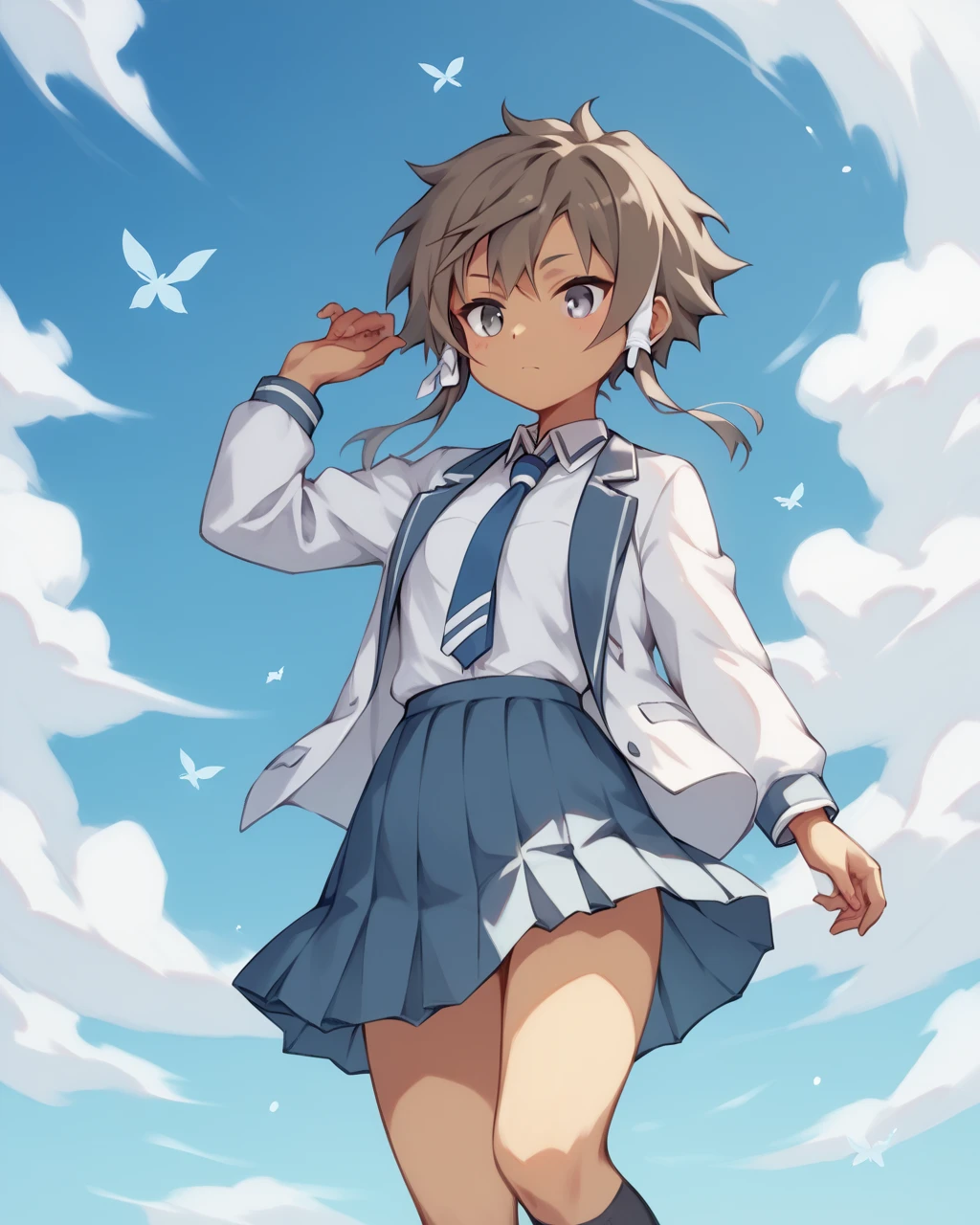 score_9, score_8_up, score_7_up,
<lora:Kohagura_Natsume_PONY:1>,1girl, solo,short hair, grey eyes,brown hair,short hair with long locks,sidelocks,light dark skin,white hair ribbon,school uniform, white shirt, open jacket, blue skirt, kneehighs, white jacket, blue necktie,