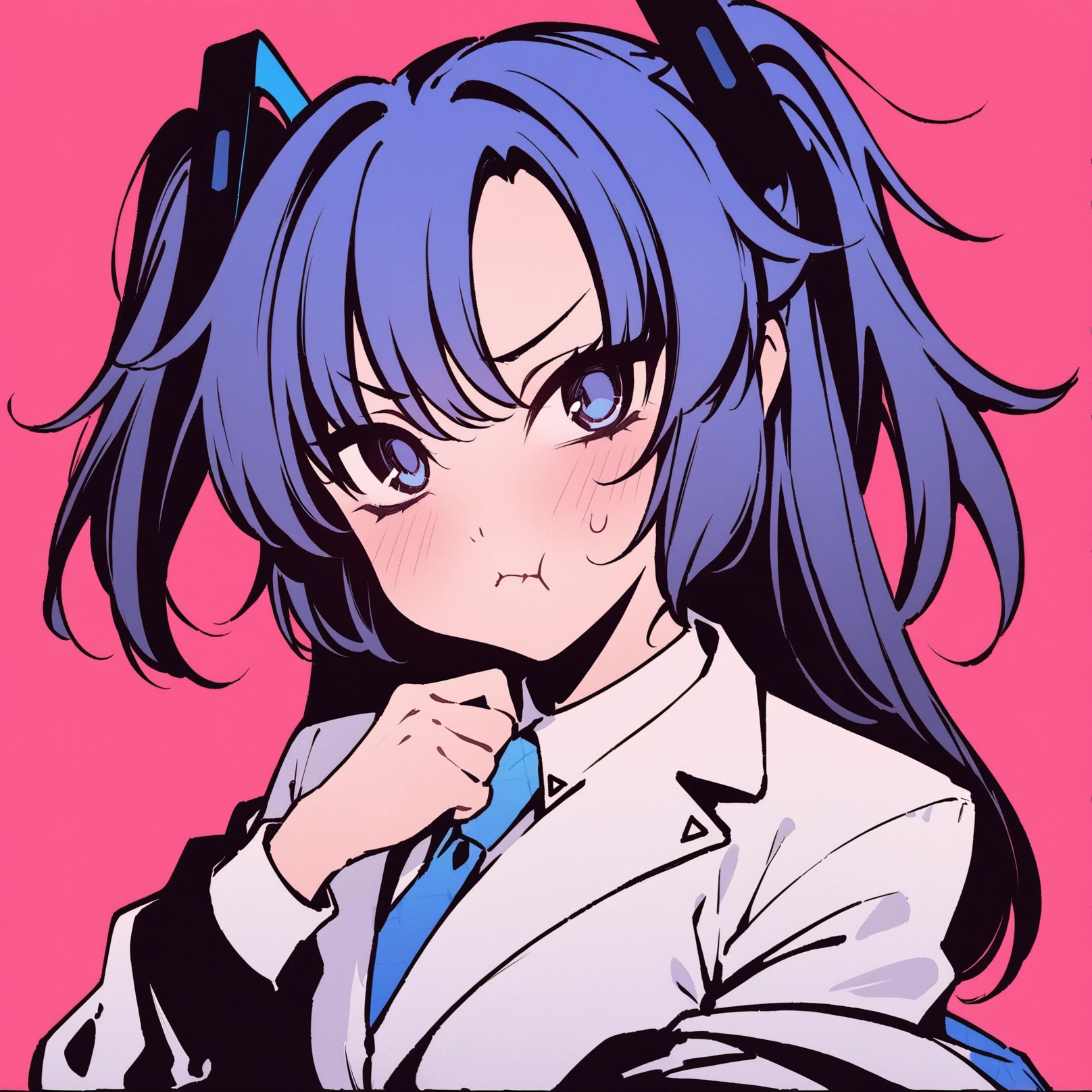 high contrast, masterpiece, best quality, 1girl, yuuka \(blue archive\), blue archive, pout, pink background, two-tone background, looking at viewer, blush, upper body, facing viewer,<lora:Hcontrast-000014:0.9>