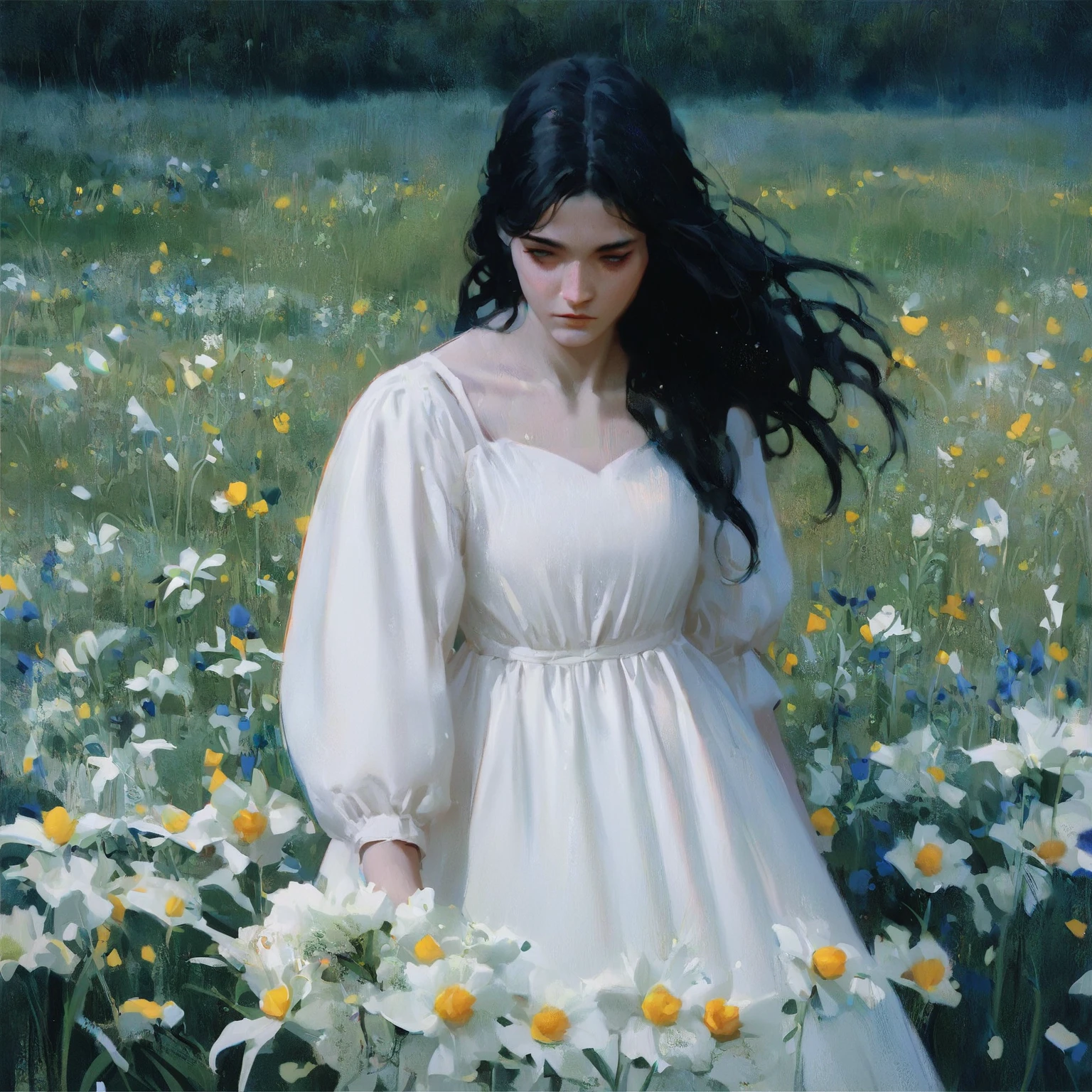 score_9, score_8_up, score_7_up, score_6_up, score_5_up, score_4_up, digioils style, a woman in a white dress picking flowers from a field, long hair, candy colours, white dress, neutral and cool colours, black hair, (SimplePositiveXLv2:0.3) <lora:Digi_mix:1>