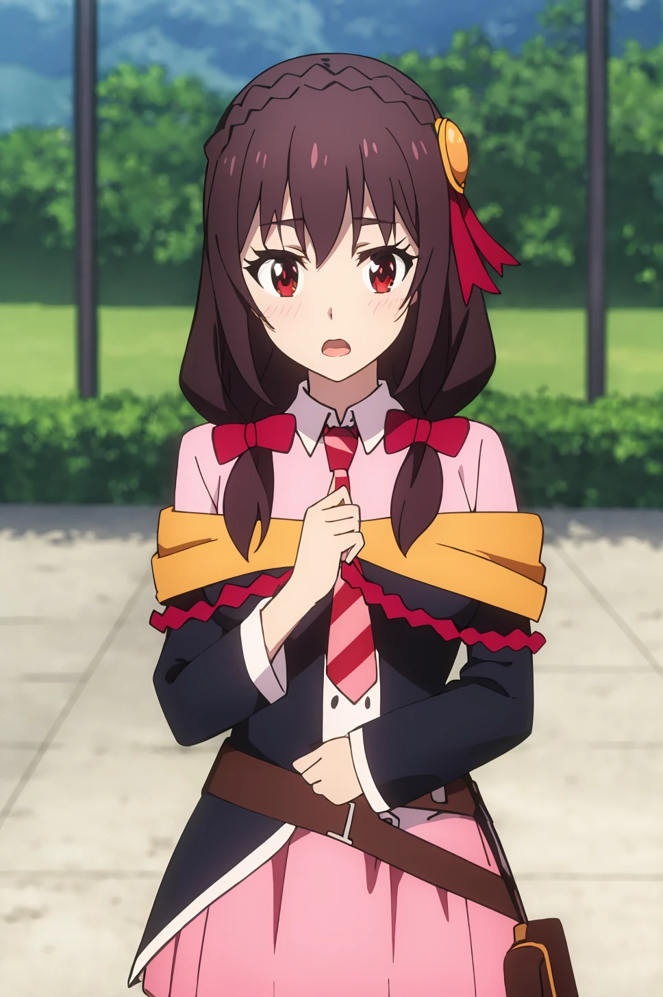((best quality)),((highly detailed)),masterpiece,absurdres,detailed face,beautiful face,(detailed eyes, deep eyes),1girl,((dynamic pose))  <lora:YunYunV1:0.8>Yunyun, brown hair, necktie, red eyes, solo, braid, open mouth, pantyhose, looking at viewer, crown braid, hair ornament, bow, hair bow, dress, twintails, long hair, belt, pink skirt, breasts, bangs, outdoors, blush, long sleeves, skirt, off shoulder, ribbon, shirt, low twintails, medium hair, red bow, bare shoulders, cowboy shot, striped, standing