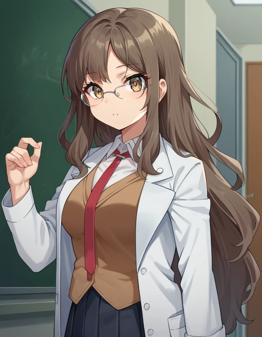 score_9, score_8_up, score_7_up, source_anime,
riofutaba, <lora:rio-futaba-ponyxl-lora-nochekaiser:1>,
rio futaba, long hair, brown hair, brown eyes,
glasses, skirt, shirt, school uniform, white shirt, pleated skirt, glasses, collared shirt, black skirt, vest, red necktie, labcoat, white labcoat, brown vest,
indoors, classroom, hallway,
looking at viewer, cowboy shot, dutch angle, dynamic pose,