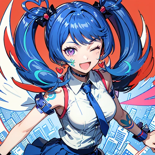 (flat color:1.1),(colorful:1.3),(masterpiece:1.2),best quality,(portrait:1.1),original,extremely detailed wallpaper,pixiv,looking at viewer,(1girl),(solo:1.4),blue angel,heart,necktie,blue necktie,sparkle,facial tattoo,one eye closed,(red hair:1.4),long hair,purple eyes,skirt,smile,breasts,blue skirt,tattoo,wrist cuffs,open mouth,<lora:è天使_V1:0.7>,