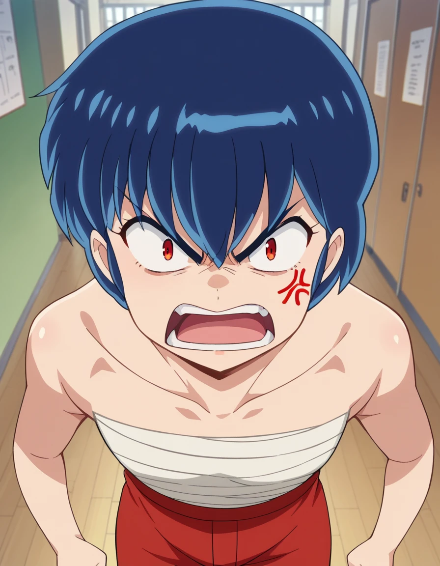 score_9, score_8_up, score_7_up, source_anime,
ryuunosukefujinami, <lora:ryuunosuke-fujinami-ponyxl-lora-nochekaiser:1>,
ryuunosuke fujinami, short hair, blue hair, red eyes, angry, anger vein, shouting, open mouth,
sarashi, chest sarashi, pants, bandage, collarbone, bare shoulders, bare arms,
indoors, classroom, hallway,
looking at viewer, cowboy shot, dutch angle,
