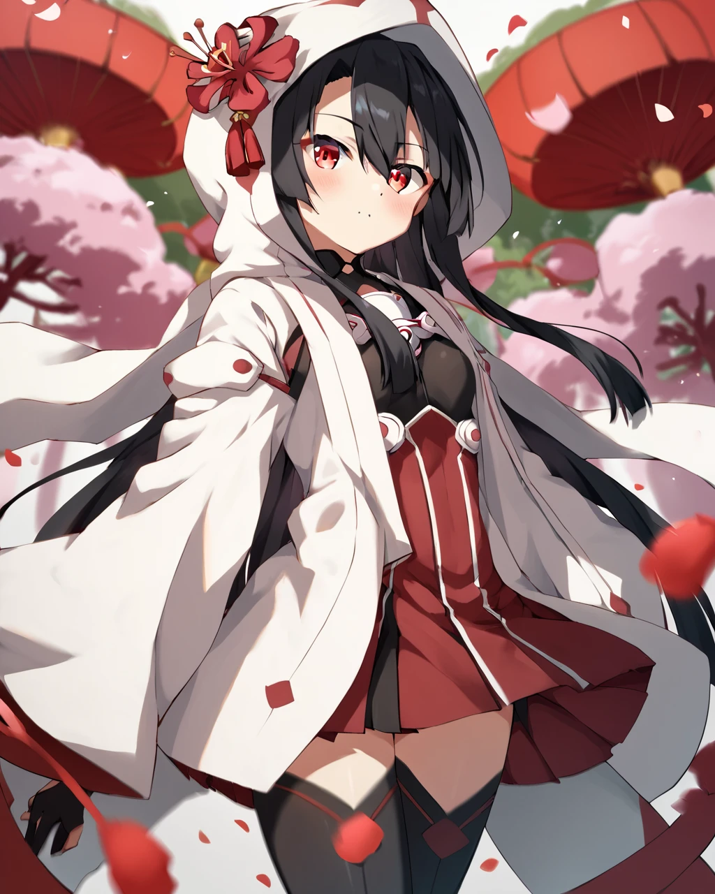score_9, score_8_up, score_7_up, score_6_up, score_5_up, score_4_up, BREAK source_anime,
<lora:Koori_Chikage_Kirifuda_PONY:1>,1girl, solo,shirt, black hair,very long hair,red eyes,bangs,hair between eyes,hair flower,pleated skirt,japanese clothes, wide sleeves,hood,black thighhighs,bodysuit,wataboushi,