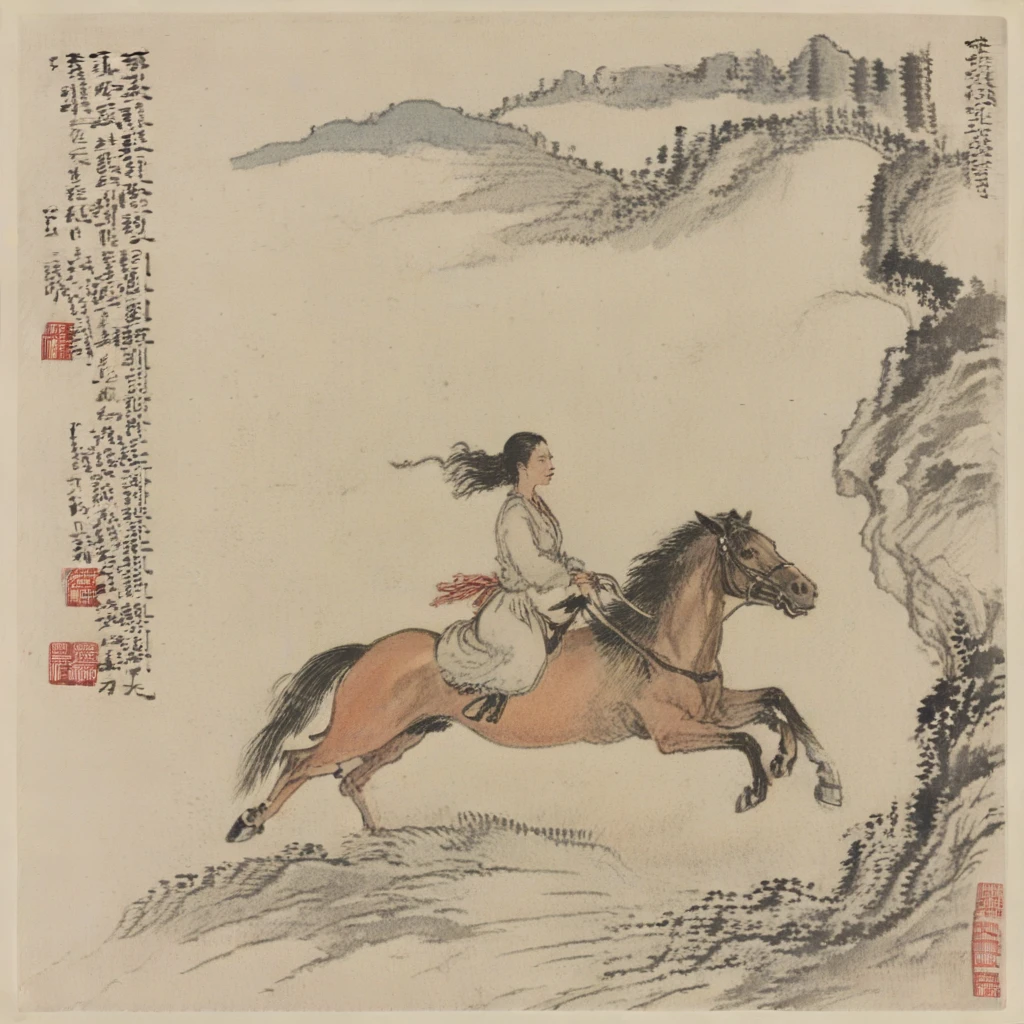 an woman riding a horse, in the style of styj