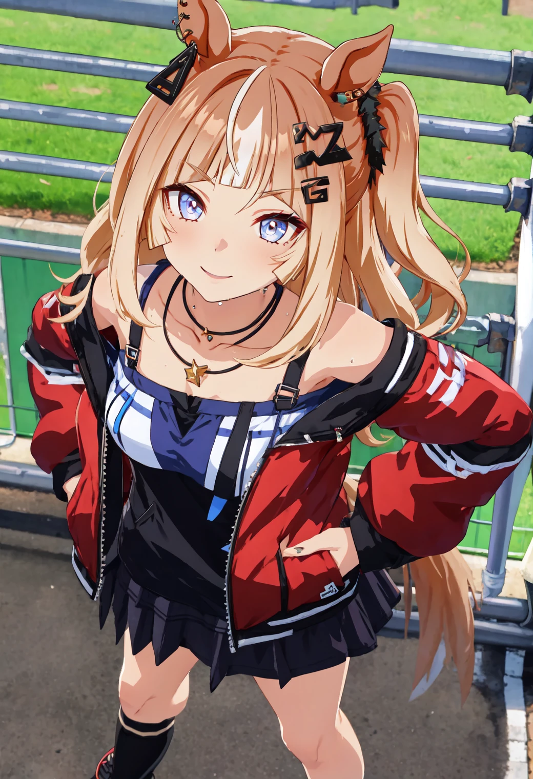 masterpiece, best quality, espoir_city\\(umamusume\\),1girl,hair ornament,
sharp image quality as shown in the photo,best quality,ultra-detailed,detailed light,slim body,slim legs,slender body shape,slender,kawaii,cute girl,
jacket, horse ears, tail, smile, looking at viewer, hands in pockets, jewelry, long hair,bangs, horse tail, necklace, hands on hips, red jacket, black footwear, from above, shoes, socks, hair ornament, open jacket, two side up, open clothes, skirt, standing, closed mouth, sneakers, long sleeves,off shoulder
shining sun,wet and shining,wire mesh fence,
<lora:GoodHands-beta2:1.0> <lora:espoir_city_v1:0.7>