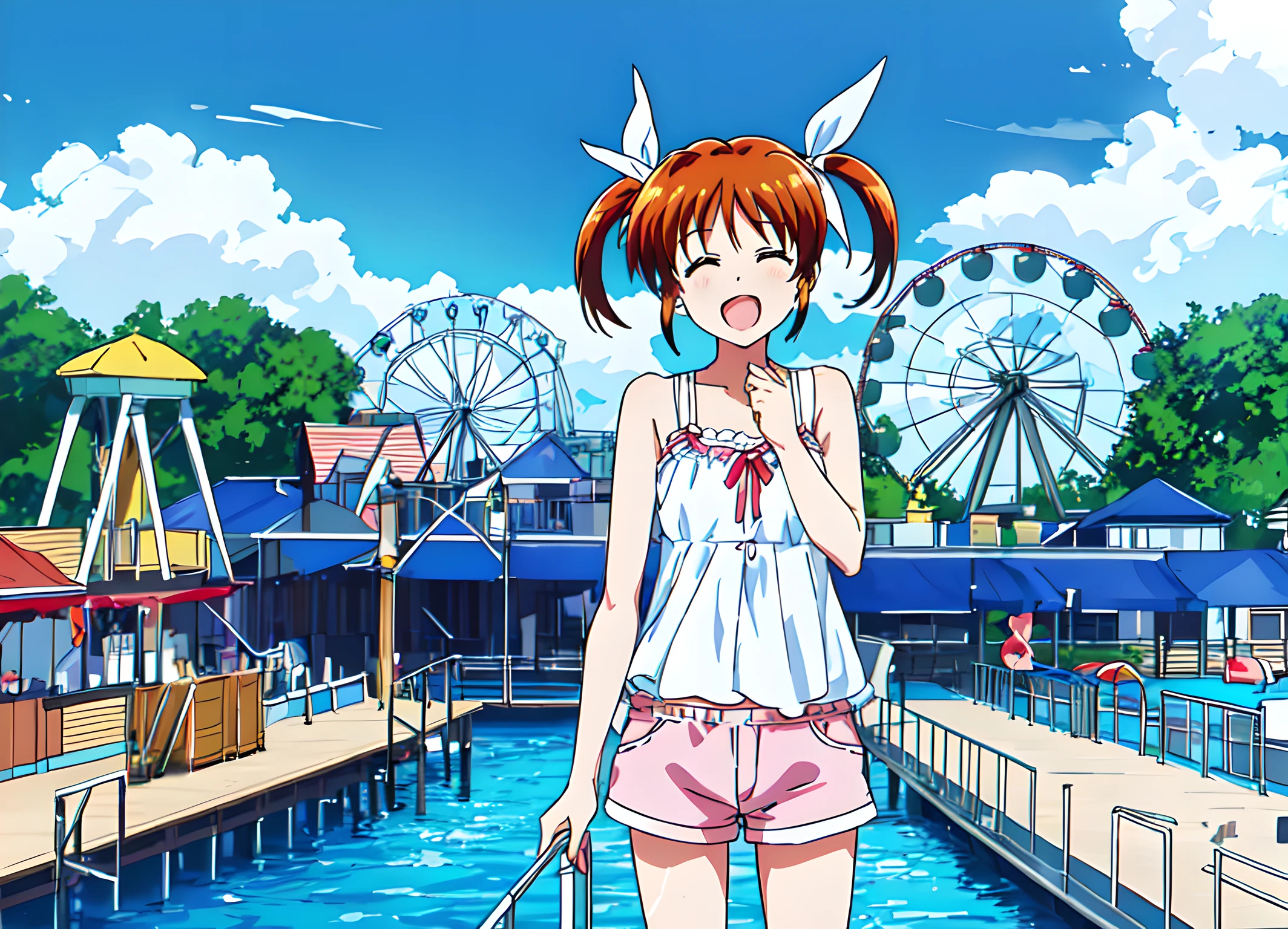 <lora:nanoha:0.8>,nanoha,1girl,super fine illustration,masterpiece,best quality,casual,shorts,in summer,waterpark,ferris wheel,laughing,close one's eyes,cowboy_shot,