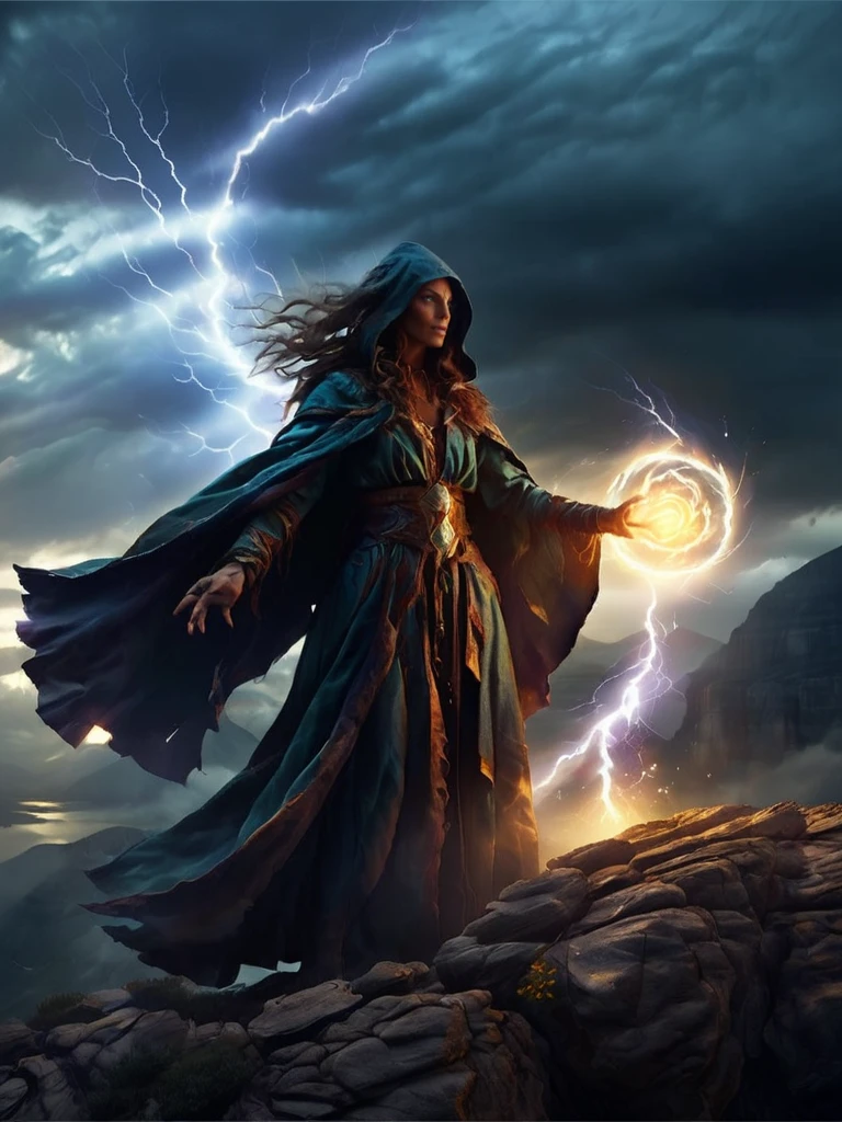 A portrait of a powerful sorceress summoning elemental magic in her palm, with her eyes glowing and her cloak billowing around her, standing atop a cliff with a storm brewing in the background.