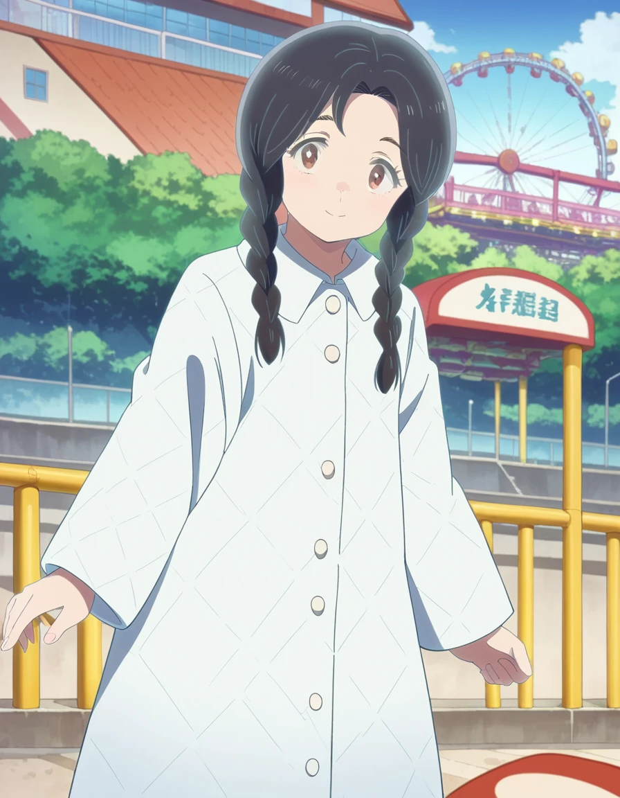 score_9, score_8_up, score_7_up, source_anime,
uruseinozomi, <lora:urusei-nozomi-ponyxl-lora-nochekaiser:1>,
nozomi, long hair, black hair, braid, twin braids, brown eyes, smile,
coat, white coat, long sleeves,
outdoors, roller coaster, amusement park, ferris wheel,
looking at viewer, cowboy shot, dutch angle, dynamic pose,
