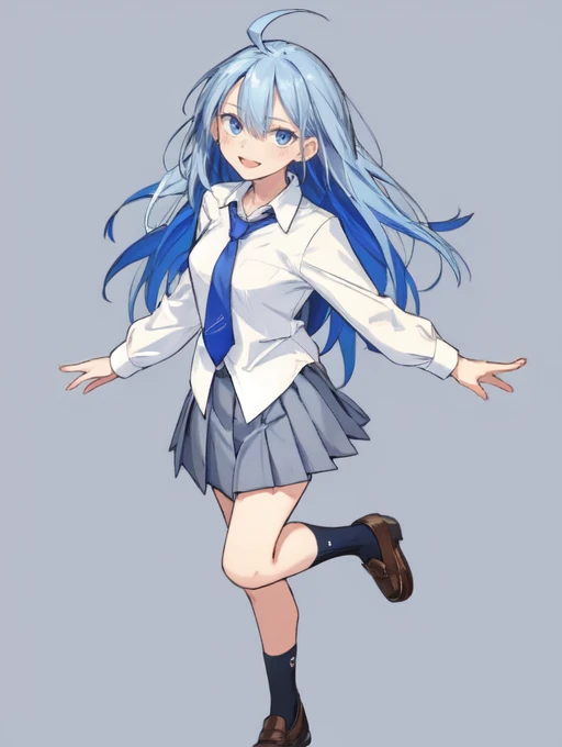 (masterpiece, high quality:1.4), BREAK,
1girl, solo, full body, , :d, blonde hair, blue eyes, blue hair, blue necktie, closed mouth, grey background, hair between eyes, long hair, multicolored hair, necktie, pleated skirt, school uniform, shirt, simple background, skirt, smile, standing, standing on one leg, streaked hair, two-tone hair, white shirt, white skirt