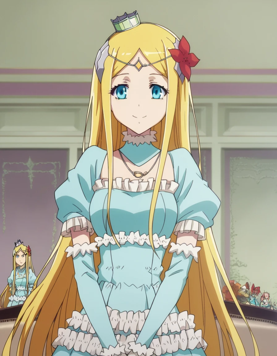 score_9, score_8_up, score_7_up, source_anime,
rennertheierechardelonrylevaiself, <lora:renner-theiere-chardelon-ryle-vaiself-ponyxl-lora-nochekaiser:1>,
renner theiere chardelon ryle vaiself, long hair, blue eyes, blonde hair, hair ornament, very long hair, flower, hair flower, smile,
long sleeves, dress, jewelry, puffy sleeves, necklace, blue dress, crown, princess, frills,
indoors,
looking at viewer, cowboy shot, dutch angle,