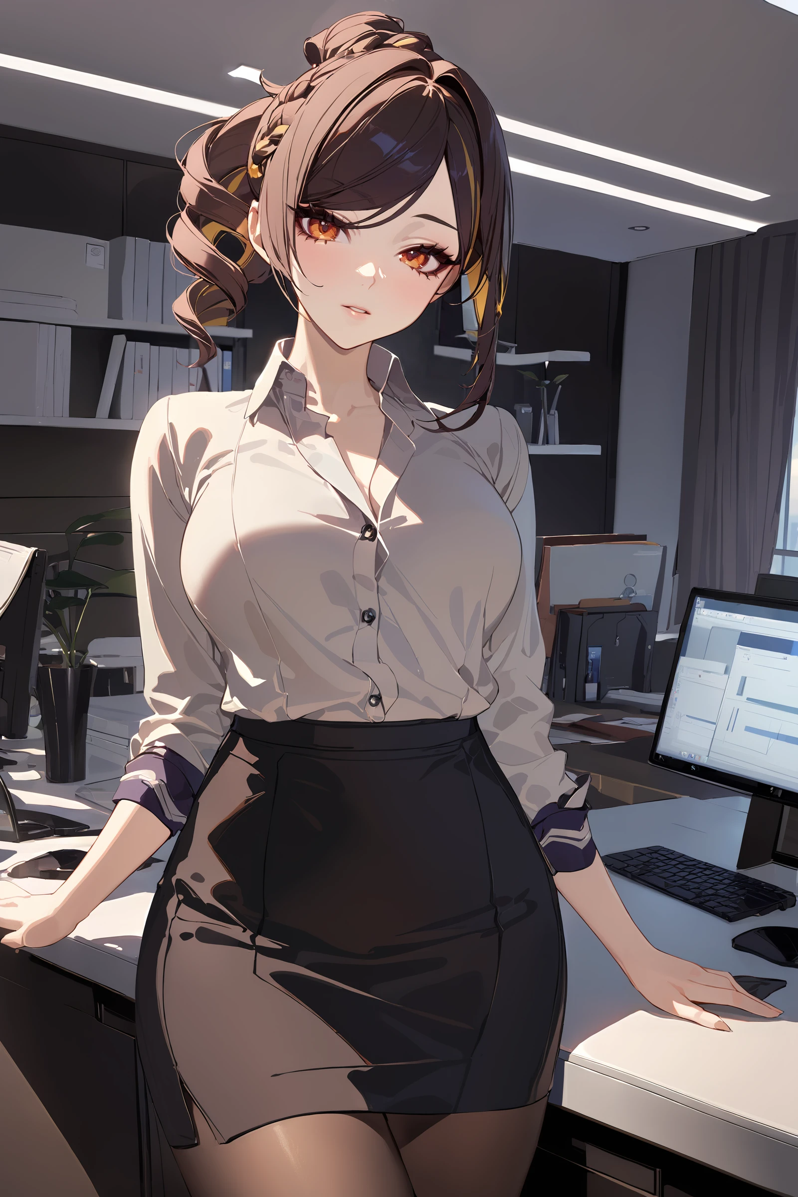 masterpiece, best quality, perfect features, intricate details, ray tracing, newest,(hitenkei, askzy:0.4), 1girl, chiori \(genshin impact\), office lady, collared shirt, pencil skirt, pantyhose, looking at viewer, parted lips, cowboy shot, office, indoors, depth of field <lora:Char-Genshin-Chiori-XL-V1:0.9>  <lora:EnvyBetterHiresFixXL01:0:hr=1>