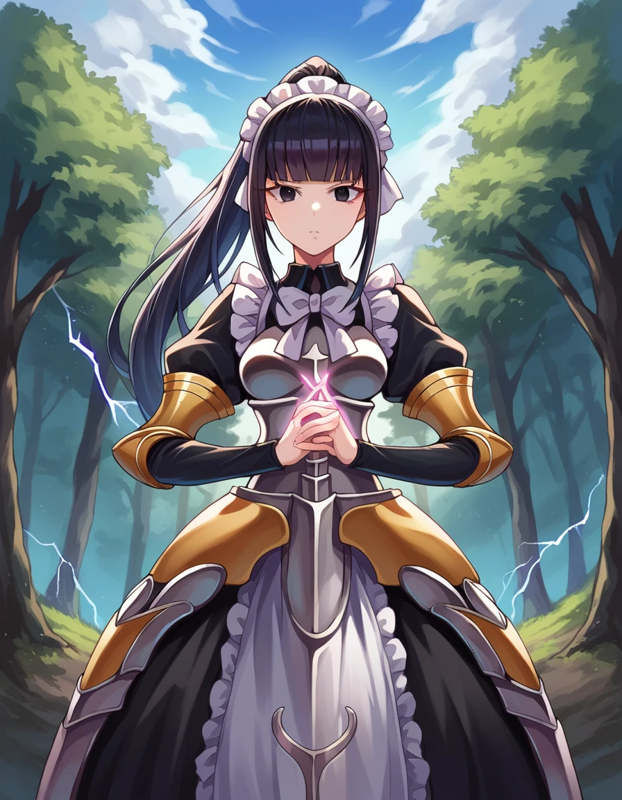 score_9, score_8_up, score_7_up, source_anime,
narberalgamma, <lora:narberal-gamma-ponyxl-lora-nochekaiser:1>,
narberal gamma, black hair, high ponytail, long hair, slanted eyes, narrow eyes, black eyes,
apron, armor, black dress, dress, frills, long sleeves, maid, maid headdress, puffy sleeves,
outdoors, forest, nature, magic, lightning,
looking at viewer, cowboy shot, dutch angle,
