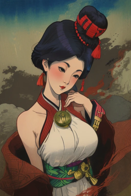 two-tone hair, necromancer, big breasts, beauty, dark, seductive, Ukiyo-e style, (Ukiyo-e art:1.4)
