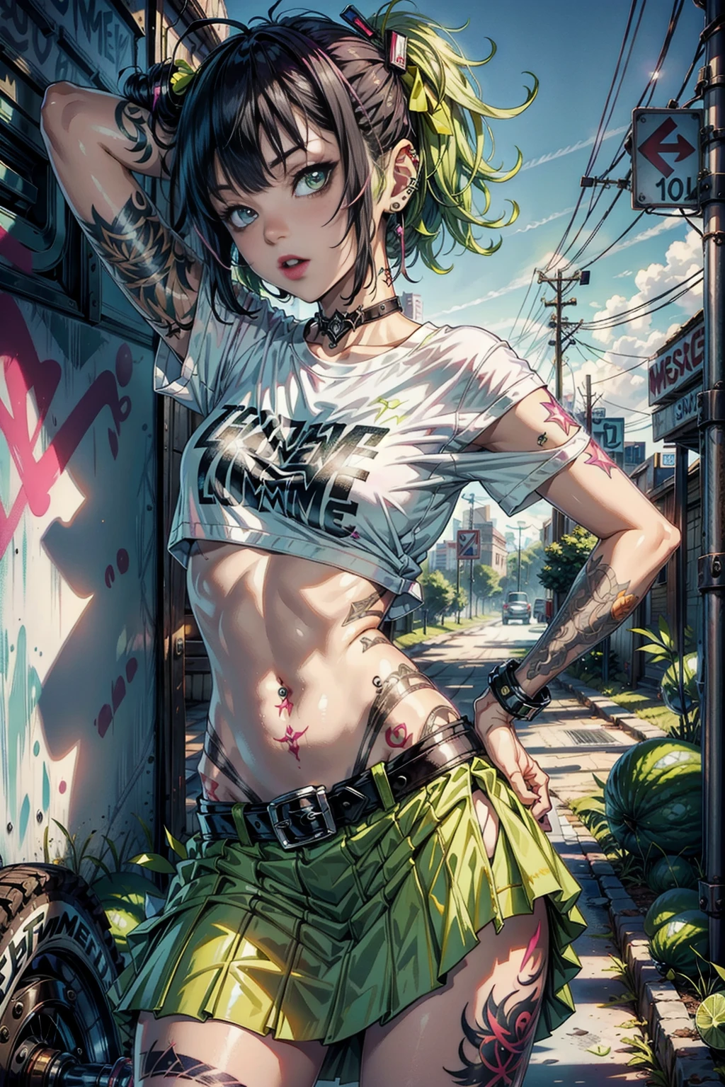 <lora:LimeWorld:1> (LimeWorld:1.1) 1girl (punk shirt and skirt:1.3)(full tattoo:1.5) (sexy skinny:1.3) (bar grafitti:1.2)