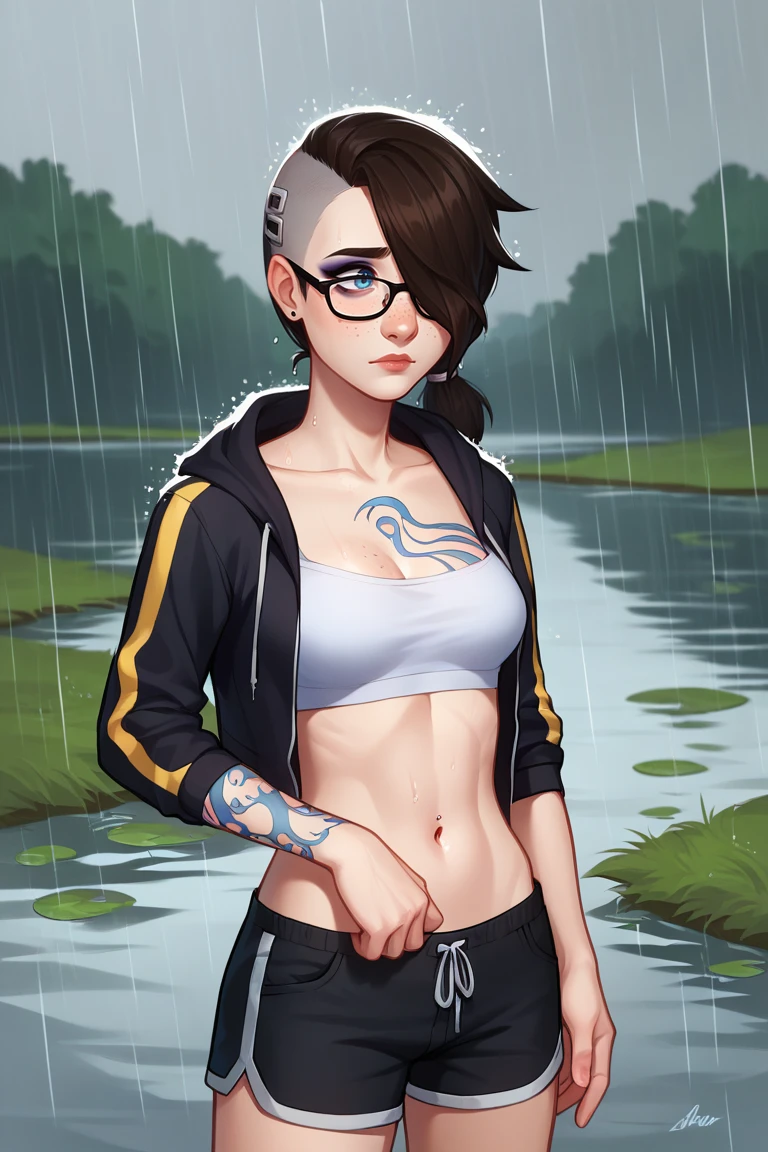 score_9, score_8_up, score_7_up, BREAK, 1girl, solo, breasts, <lora:angelbl-guy-PONYv1:.85>, angelbl, tattoo, freckles, makeup, hair over one eye, asymmetrical hair, ponytail, hoodie, shorts, rain, outdoors, wetland, glasses,