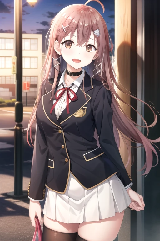 ((masterpiece)),(best quality),official art,extremely detailed CG,unity 8k wallpaper,ultra detailed,beautiful detailed eyes,extremely detailed face,outdoors,1girl,solo,cowboy shot,looking at viewer,facing viewer,smile,Asakura Madoka,ahoge,very long hair,brown hair,hairclip,feathers,hair ribbon,black ribbon,x hair ornament,hair between eyes,bangs,brown eyes,:d,black choker,heart choker,school uniform,blazer,black jacket,wing collar,collared shirt,white shirt,dress shirt,neck ribbon,red ribbon,long sleeves,button,medium breasts,miniskirt,white skirt,pleated skirt,zettai ryouiki,black thighhighs,loafers,<lora:Asakura Madoka(msob jk haieds):0.8>,