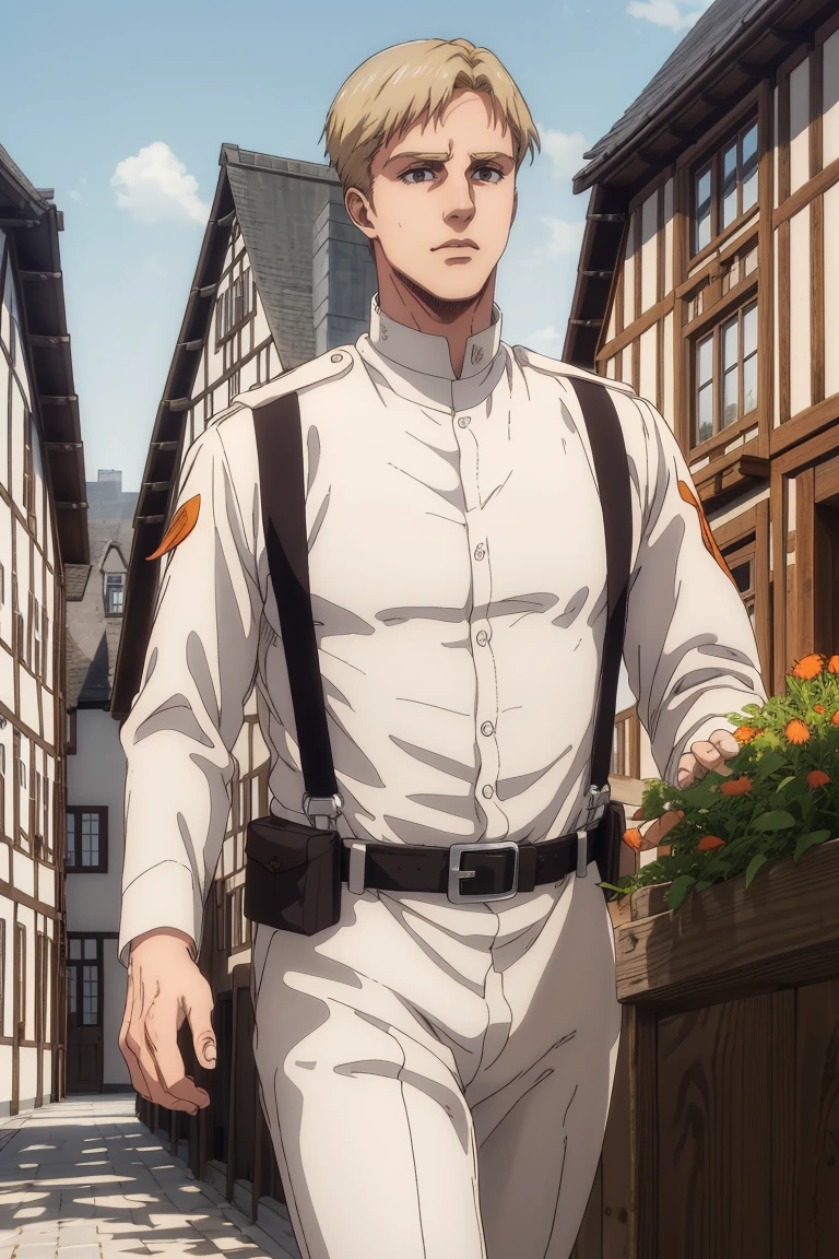 solo male, Colt Grice, blond hair, light hazel eyes, tall, white Marleyan soldier uniform, (standing collar, mandarin collar, light collar:1.2), light pants, (black suspender straps, black belt, supply packs), tall combat boots, young, handsome, charming, alluring, perfect anatomy, perfect proportions, best quality, masterpiece, high_resolution, standing, upper body, dutch angle, cowboy shot, photo background, germany city, day, ((wide avenue, high timber frame townhouse, historical building))<lora:EMS-326009-EMS:0.800000>