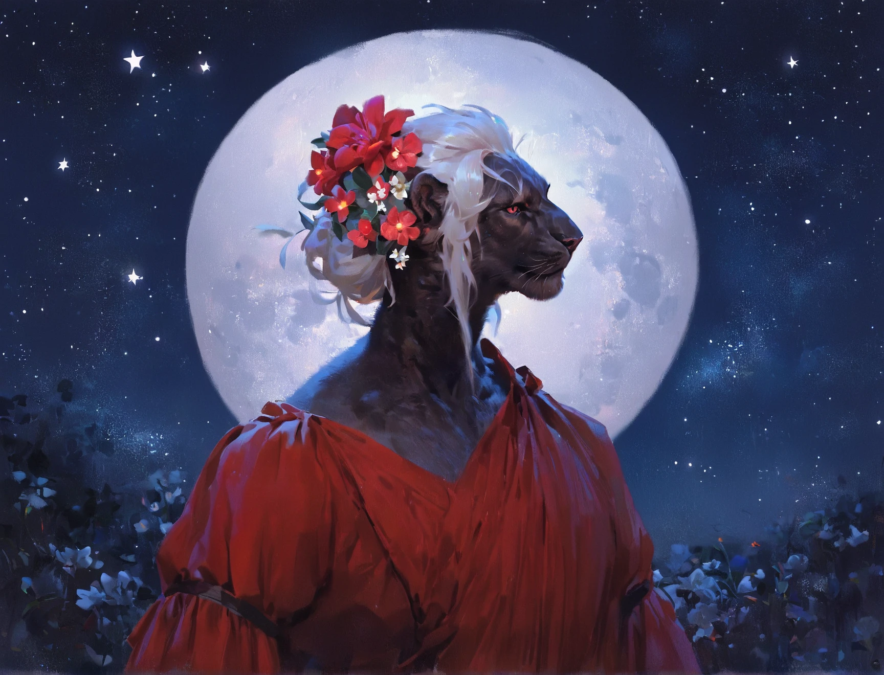 score_9, score_8_up, score_7_up, score_6_up, score_5_up, score_4_up, source_furry, digioils style, a panther werecat in a red dress, flower in hair, white hair, night scenery, full moon, stars, <lora:Digi_mix:1>