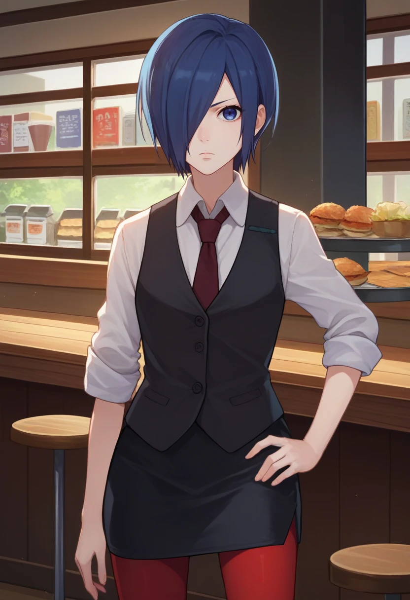 score_9, score_8_up, score_7_up, source_anime, solo, 1girl, kirishima touka, expressionless, looking at viewer, hand on hip, blue hair, hair over one eye, blue eyes, white shirt, necktie, sleeves rolled up, black vest, pencil skirt, red pantyhose, indoors, cafe <lora:tokyoghoul_kirishima_ponyXL:1>