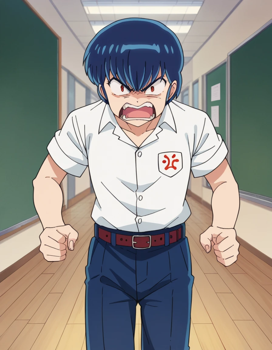 score_9, score_8_up, score_7_up, source_anime,
ryuunosukefujinami, <lora:ryuunosuke-fujinami-ponyxl-lora-nochekaiser:1>,
ryuunosuke fujinami, short hair, blue hair, red eyes, angry, anger vein, shouting, open mouth,
shirt, school uniform, white shirt, short sleeves, collared shirt, belt, pants,
indoors, classroom, hallway,
looking at viewer, cowboy shot, dutch angle,