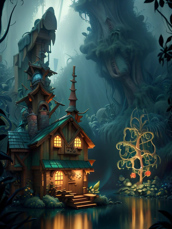 (disney:0.2), (cartoon:0.1), (pixar:0.4), (3D:1.2),
(UHD:1.1), (detailed background visible:1.2),
(no humans:1.2), scenery, wide view, a rainy jungle, wet, reflections, darkness, (at night),},
<lora:CulturePunkBundle:1.00>  piratepunkai, 
(Style: subsurface scattering, (pui), analog style, realistic, film photography, highres photo, cinematic Lighting, trending on artstation),(Photorealistic:1.2),
(detailed), sharp, HDR, high quality, good resolution, maximalist, masterpiece,