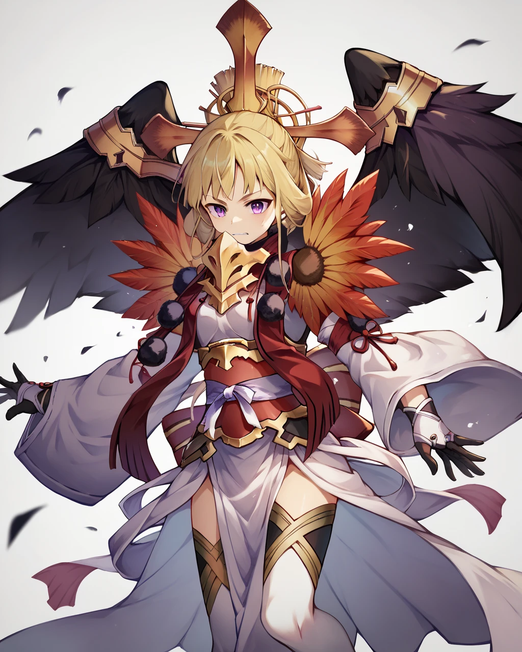 score_9, score_8_up, score_7_up,
<lora:Nogi_Wakaba_Kirifuda_PONY:1>,1girl,solo, blonde hair,bangs, purple eyes, long hair, duel monster,White thighhighs,black wings,feathered wings,White japanese clothes, gloves,long sleeves,detached sleeves,armor, sash, obi,
