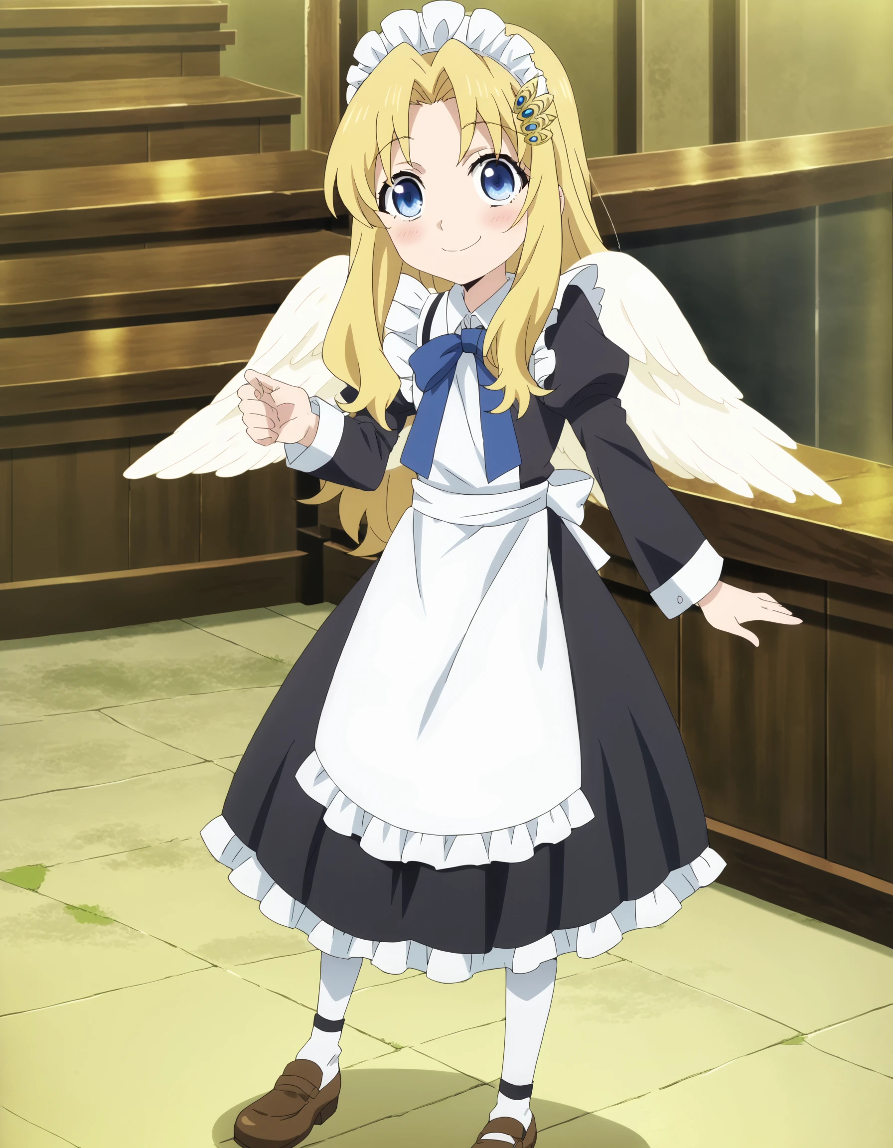 score_9, source_anime, anime coloring, <lora:MeMaXL_V2:0.8>, <lora:FilocXLPonyV1-000009:1>, filoc, 1girl, solo,  blonde hair, blue eyes, angel wings,  (anime screencap:1.3), full body, looking at viewer, blush, hair ornament, standing,  happy, smile, maid