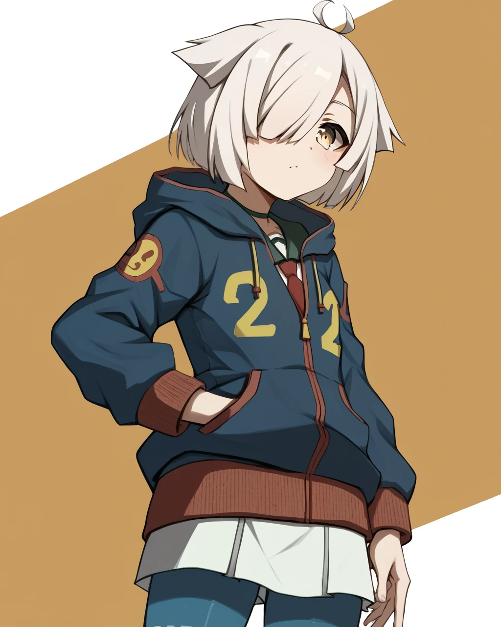 score_9, score_8_up, score_7_up, score_6_up, score_5_up, score_4_up, BREAK source_anime,
<lora:Yamabushi_Shizuku_PONY:1>,1girl, solo, white hair, gold eyes,ahoge, short hair, hair over one eye, blue pantyhose,skirt, hair flaps, hoodie, blue jacket,