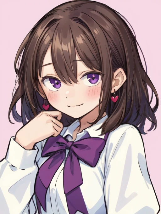 (masterpiece, high quality:1.4), BREAK,
1girl, , solo,, :3, blush, brown hair, chibi, closed mouth, fang, hair between eyes, heart, long sleeves, looking at viewer, medium hair, purple eyes, shirt, skin fang, smile, upper body, white shirt, yellow bow