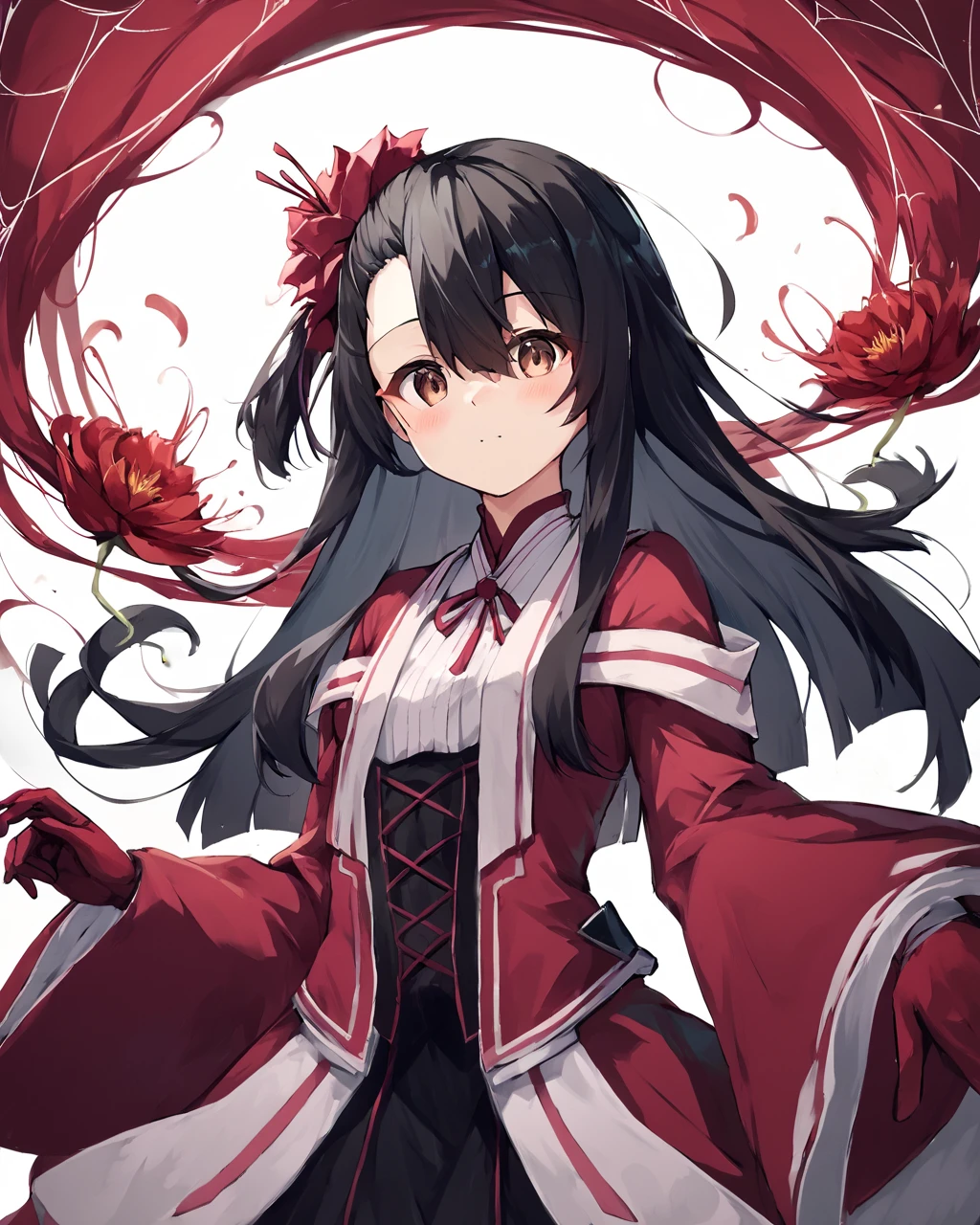 score_9, score_8_up, score_7_up, score_6_up, score_5_up, score_4_up, BREAK source_anime,
<lora:Koori_Chikage_PONY:1>,1girl, solo,long hair,black hair,dark brown eyes,hair between eyes,dress, flower, hair flower, wide sleeves, red flower, red gloves, spider lily,black pantyhose,Magic Girl,