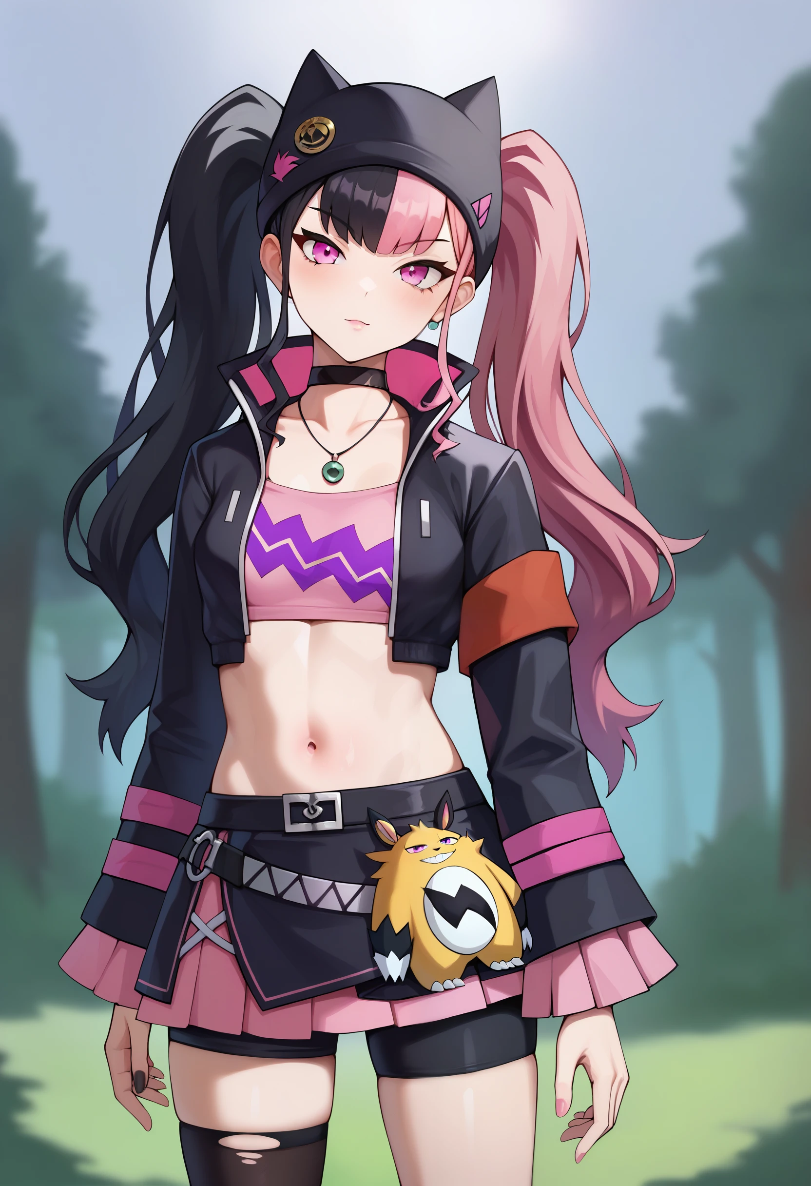 score_9, zoe_rayne, 1girl, solo, pink eyes, asymmetrical legwear, jewelry, twintails, multicolored hair, pink hair, black hair, black jacket, looking at viewer, two-tone hair, skirt, bike shorts, choker, hat, long hair, midriff, small breasts, outdoors <lora:Palworld-Zoe_Rayne:0.8>