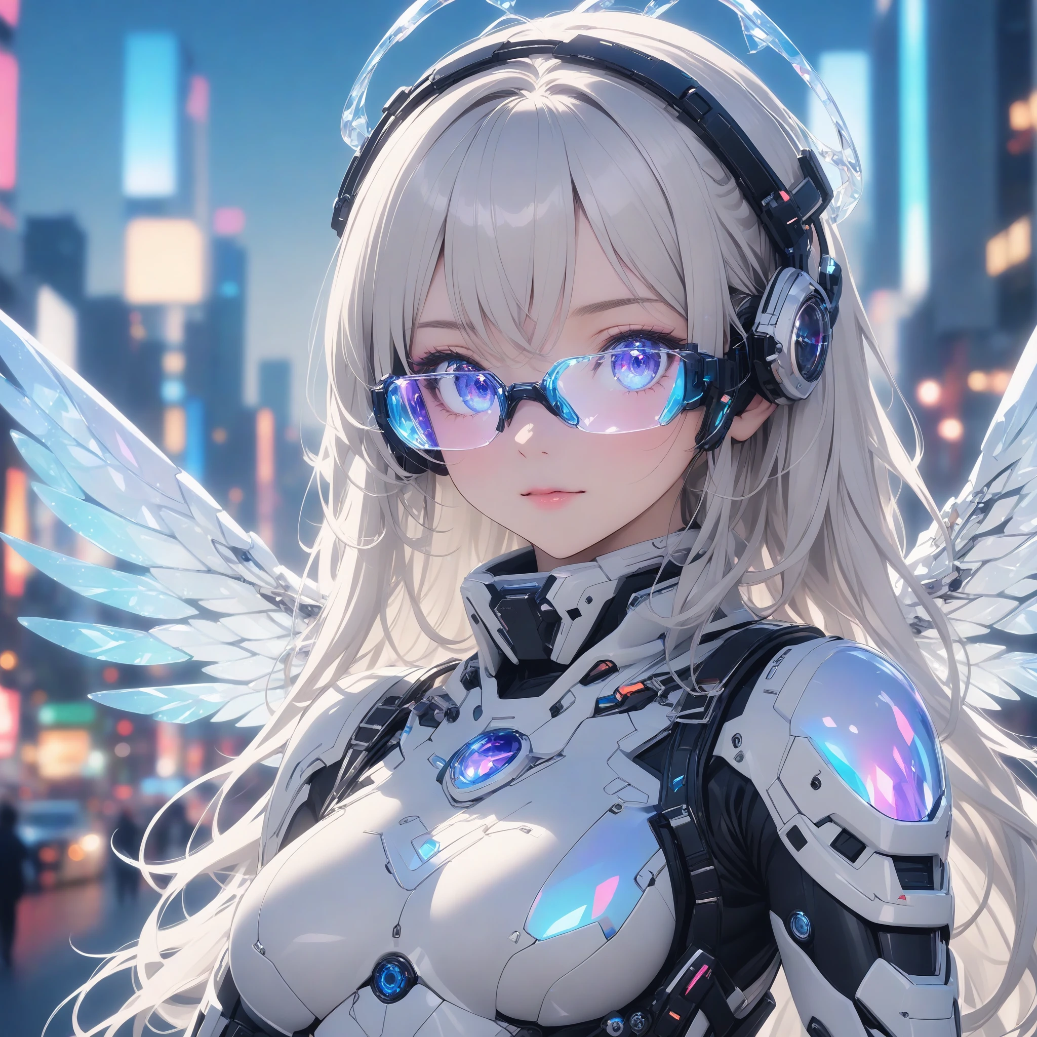 (close up on face:1.4),(masterpiece:1.2), (best quality:1.2), newest, intricate details, ai-generated, perfect anatomy, white theme, depth of field, bokeh, volumetric light,iridescent light, futuristic goggles (on eyes),nose frame,1 angel women, white long hair, futuristic city from sky as background, (wearing futuristic multi layered exoskeleton),(huged crystal mechanical wings:1.2), crystal halo, (embossing decoration on body), (deep black trim on exoskeleton),
