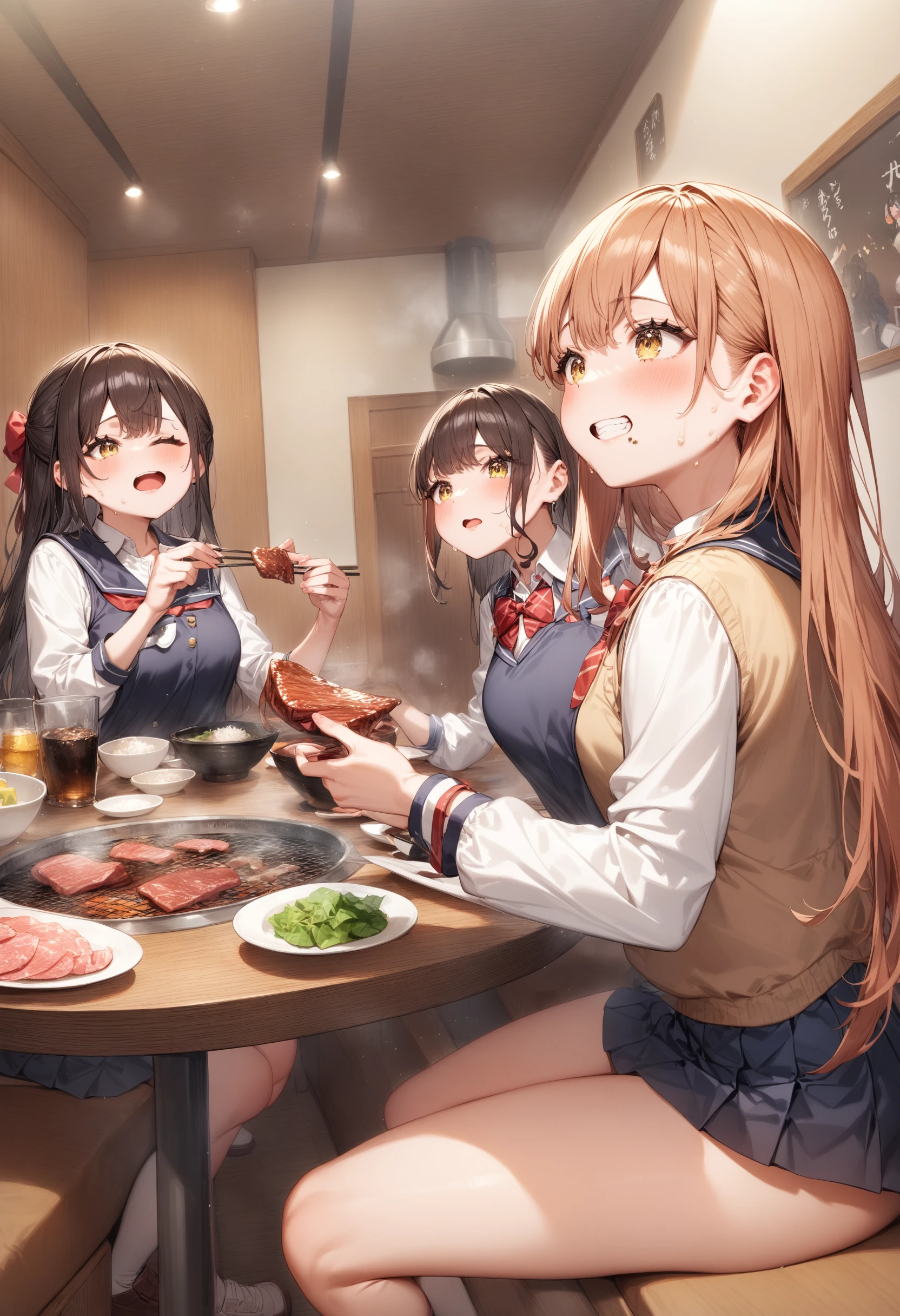 3girl, multiple girls,<lora:sdxl2-flat2-512b:-1>,medium breasts,school uniform,
<lora:yakiniku_XL_v1:0.9>,yakiniku, rice, meat, salad,
ceiling, wide shot, looking ahead, grin, open mouth,
masterpiece, best quality, very aesthetic, absurdres
