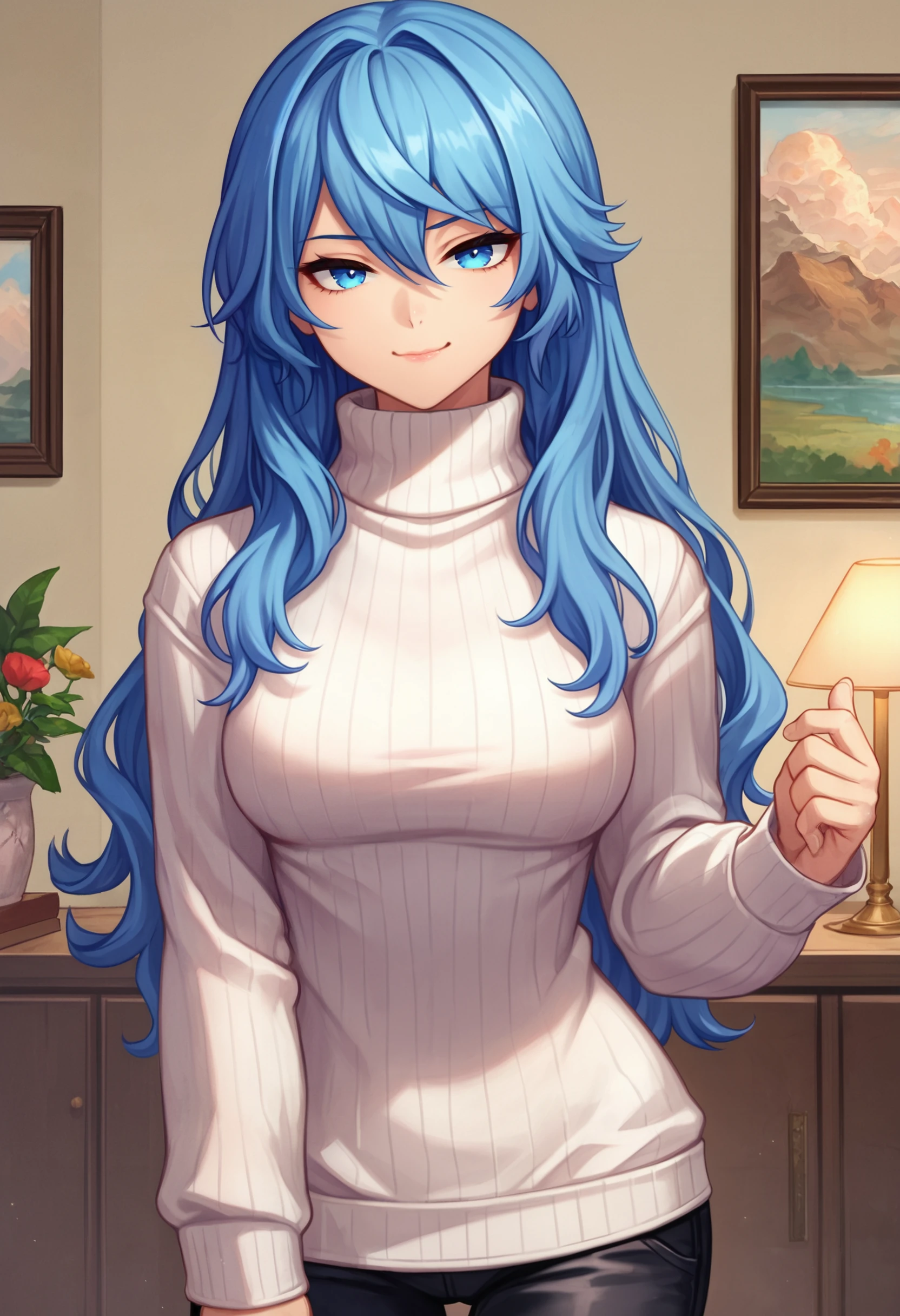 zPDXL, source_anime, BREAK
liselotte, blue hair, sidelocks, blue eyes,
closed mouth, naughty face,
black pants, white sweater, turtleneck sweater,
cowboy shot, standing,
indoors <lora:liselotte-cretia-pdxl2-005:0.6>