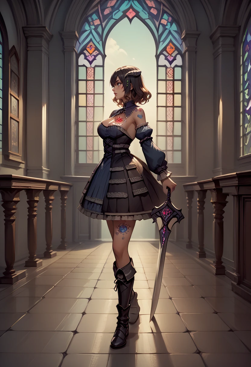 score_9, score_8_up, score_7_up, source_anime, 1girl, walking, from side, <lora:MiriamBS-pdxl:1> miriamBS, short hair, hair ornament, horns, large breasts, cleavage, breast tattoo, dress, low neckline, detached sleeves, boots, holding sword, indoors, gothic architecture, window