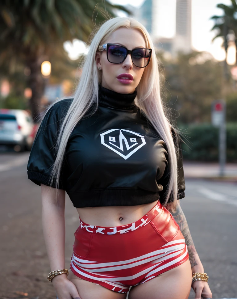 best quality, Clarity, 4k, 8k, detail, actual, Beautiful Girl, full tattoo on body, Korean makeup, black lips, pink and blue medium mullet hair, Perfect body, stand, pose standing, medium chest, tank top, black legging Pants, Solid graffiti wall background, Graffiti art,